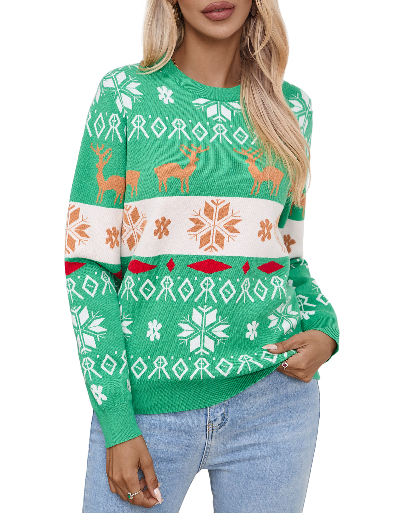 KOJOOIN Women Knit Pullover Christmas Ugly Sweater Snowflake Jacquard Knitted Sweaters for Xmas Holiday