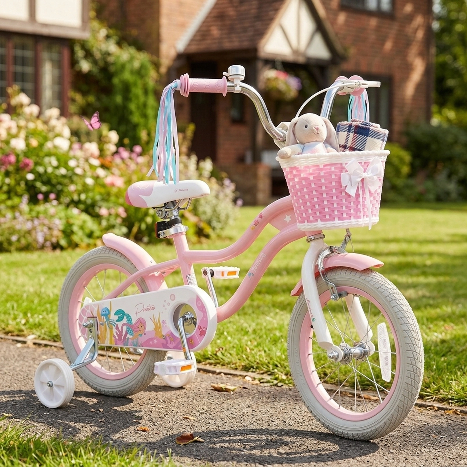 14-in Girls Kids Bike Training Wheels Basket Handlebar Ages 3-5 Pink Bicycle Padded Seat Bell 110-lb Capacity