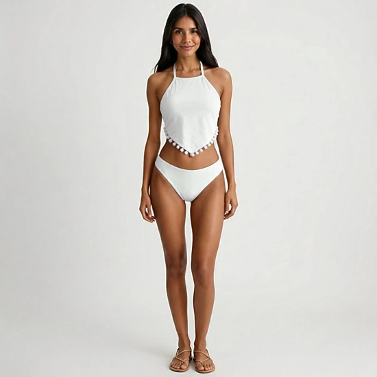 Anna-Kaci Women's 2-Piece Halter Bikini Set with High Neck Handkerchief Top Pom Trim Detail Tie Back Bottom