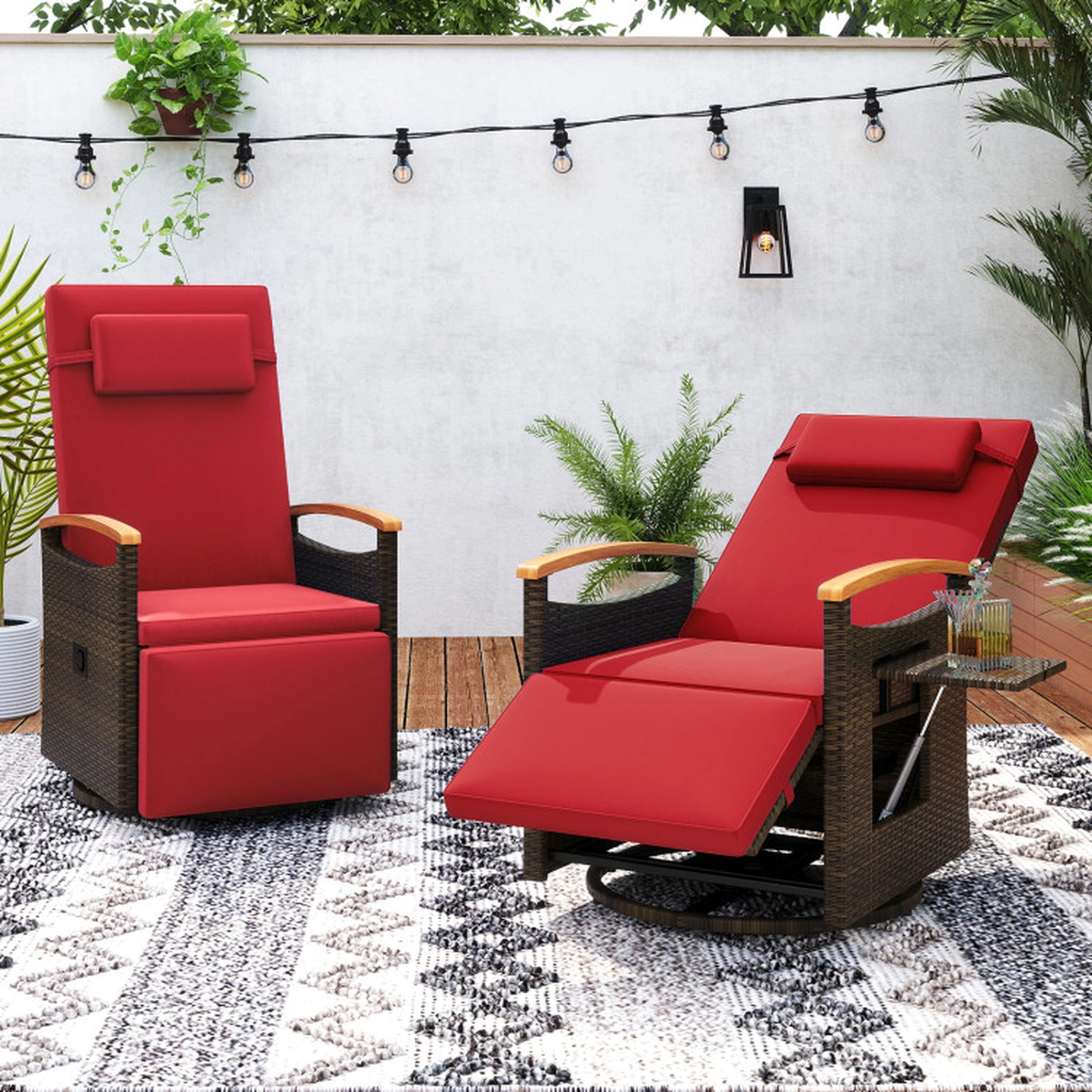 SUGIFT Patio Rattan 360° Swivel Recliner Chair with Adjustable Backrest and Footrest 400-lb Capacity 54-in Deep Red