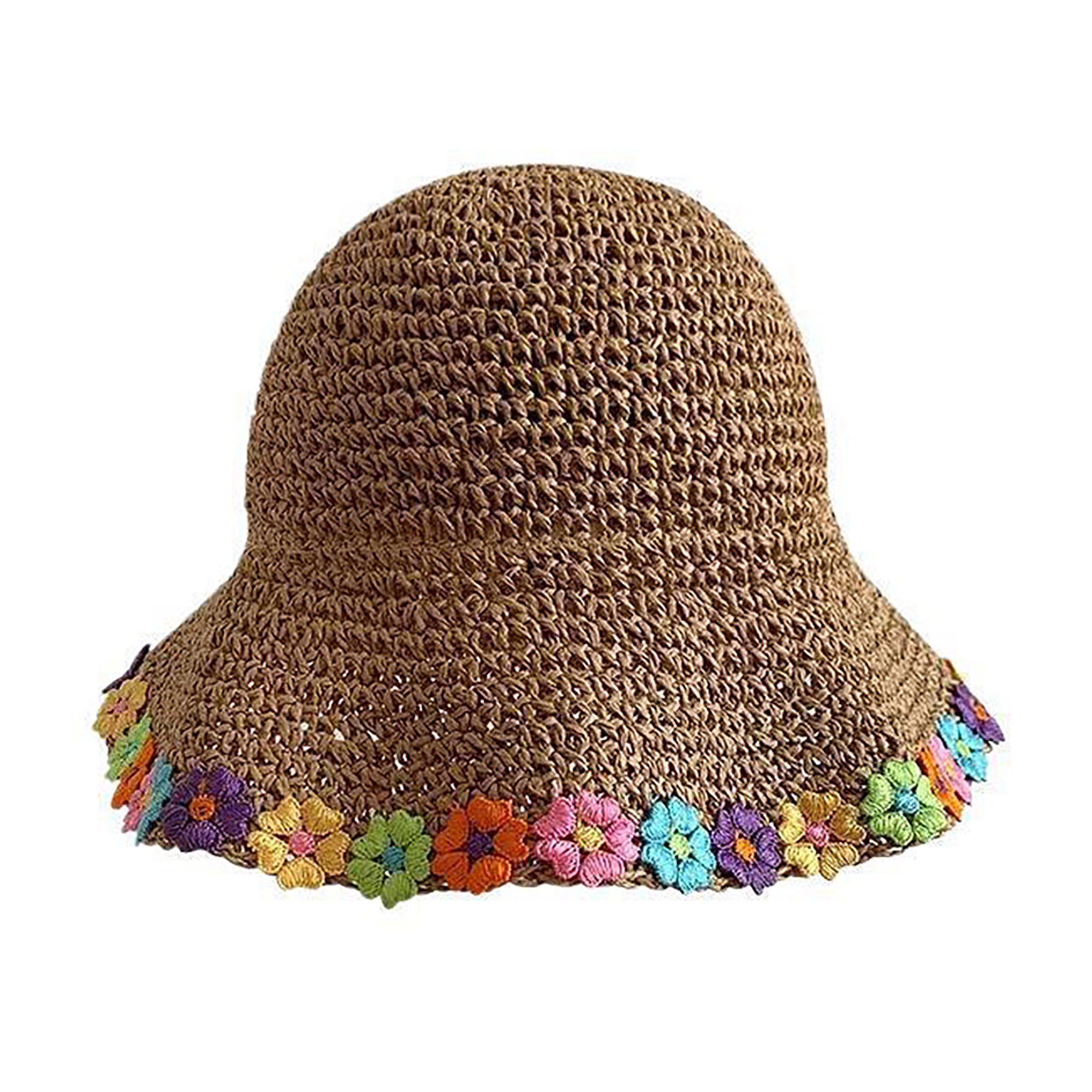 Anna-Kaci Women's Crochet Bucket Sun Hat with Floral Applique Trim and Soft Brim Design