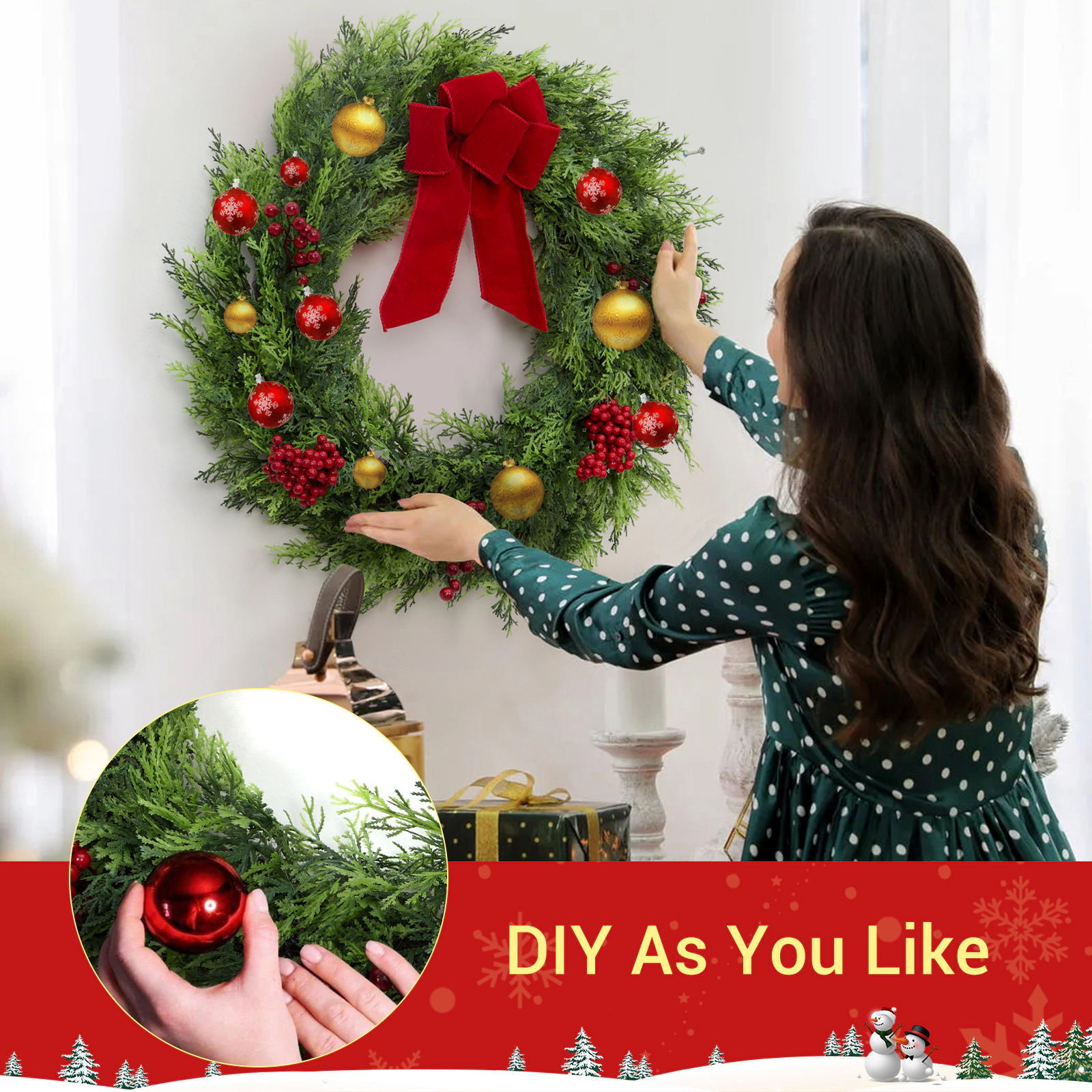 BebreezChic 24" Artificial Xmas Cypress Wreath, Berries & Crimson Velvet Cake Bow, Front Door, Indoor/Outdoor, Green