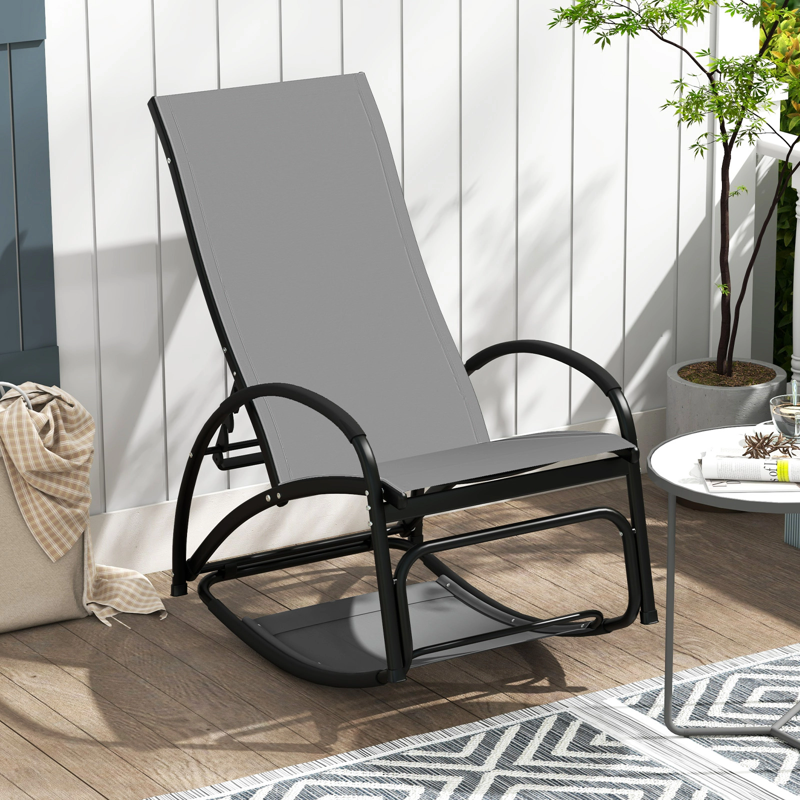 LJG 2-in-1 Outdoor Rocking Chair with 4-Position Adjustable Backrest for Patio Porch Poolside