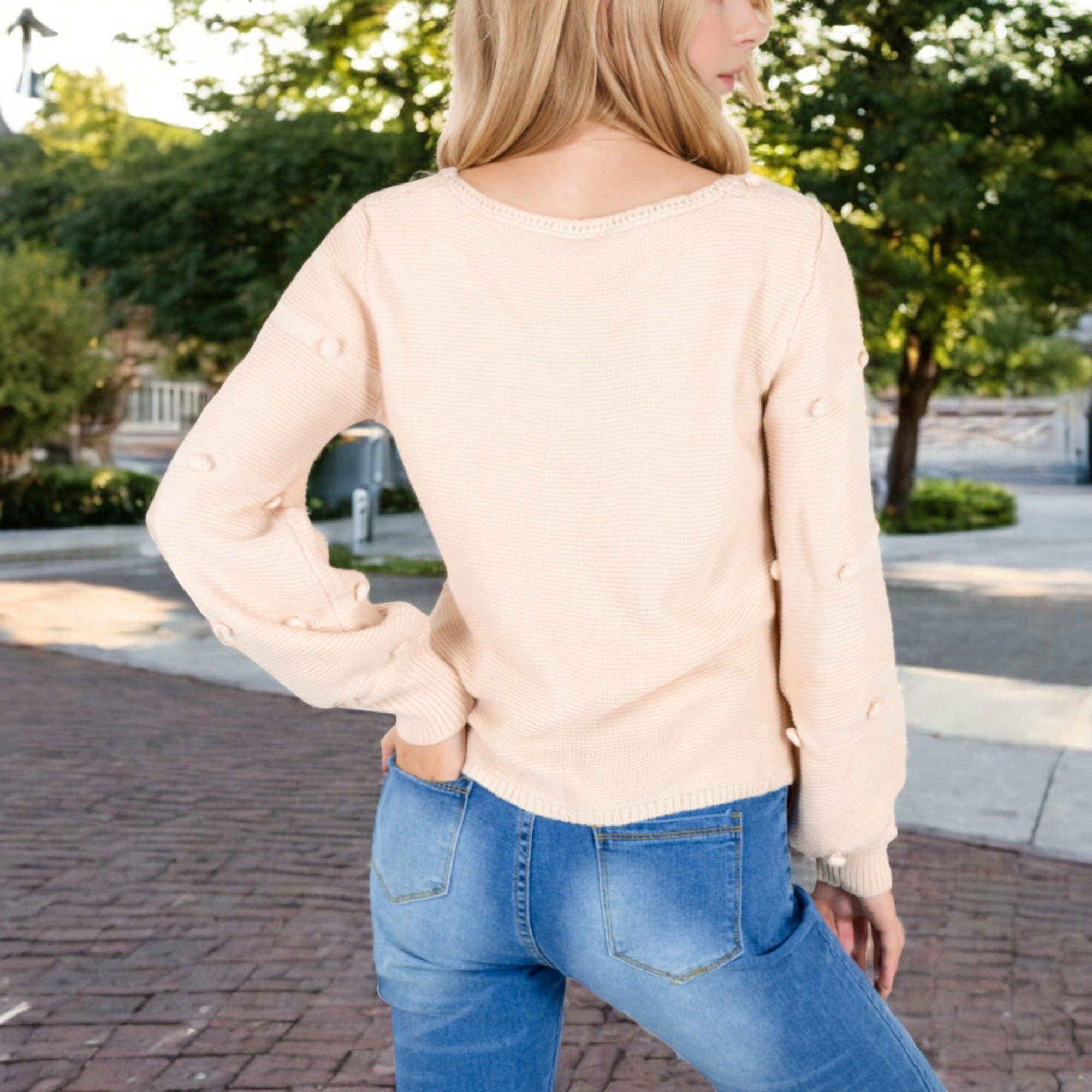 Anna-Kaci Women's Textured Knit Sweater with Pom Detailing
