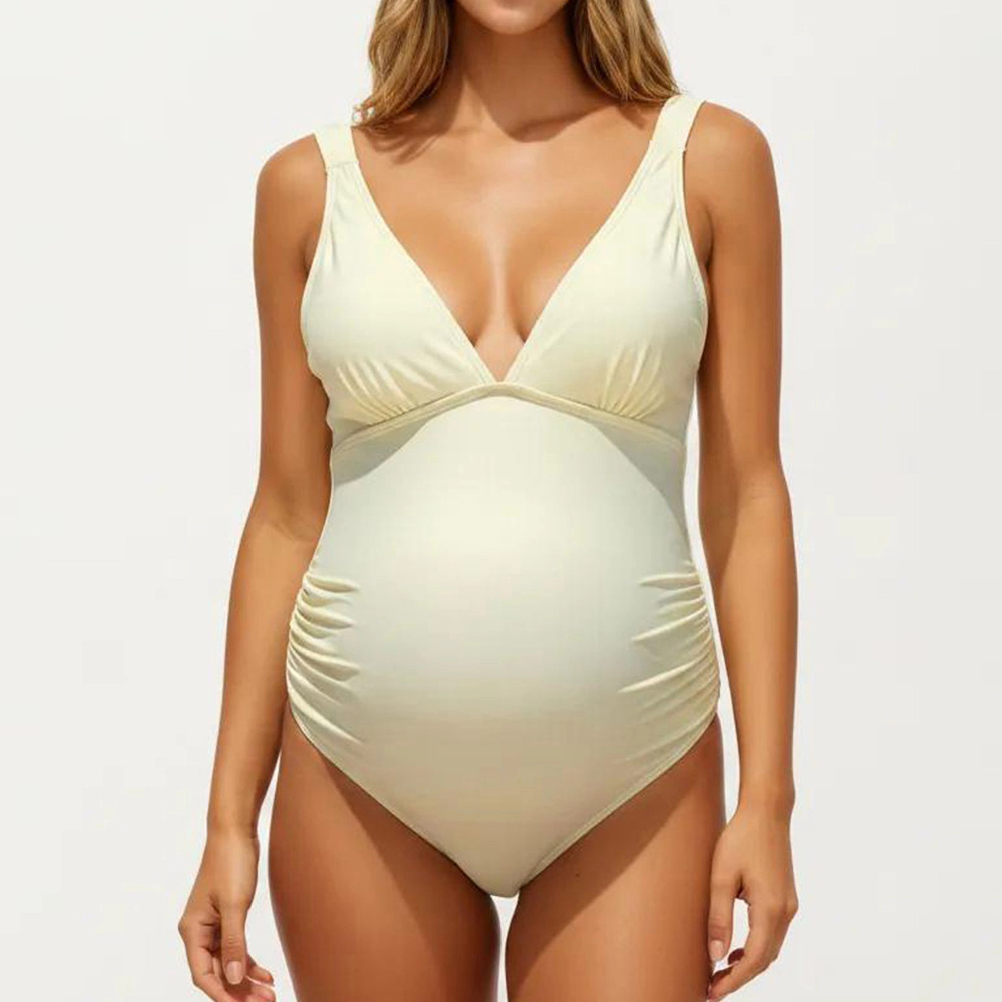 Anna-Kaci Women V-Neck Maternity One-Piece Swimsuit - Ruched Sides, Adjustable Straps