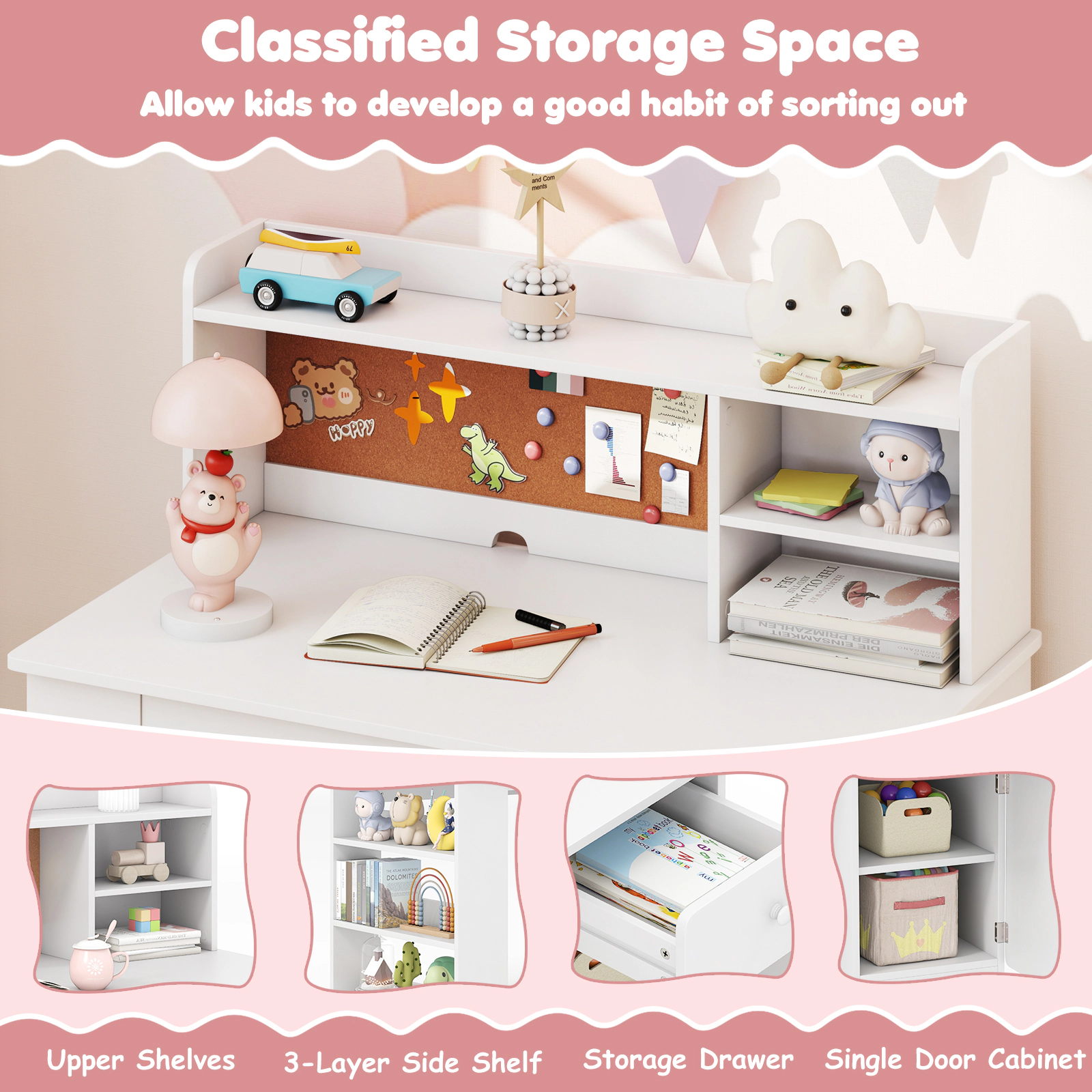 Kids Desk and Chair Set with Hutch 3-Layer Side Shelf Drawer and Enclosed Cabinet Cork Board Student Study Desk White