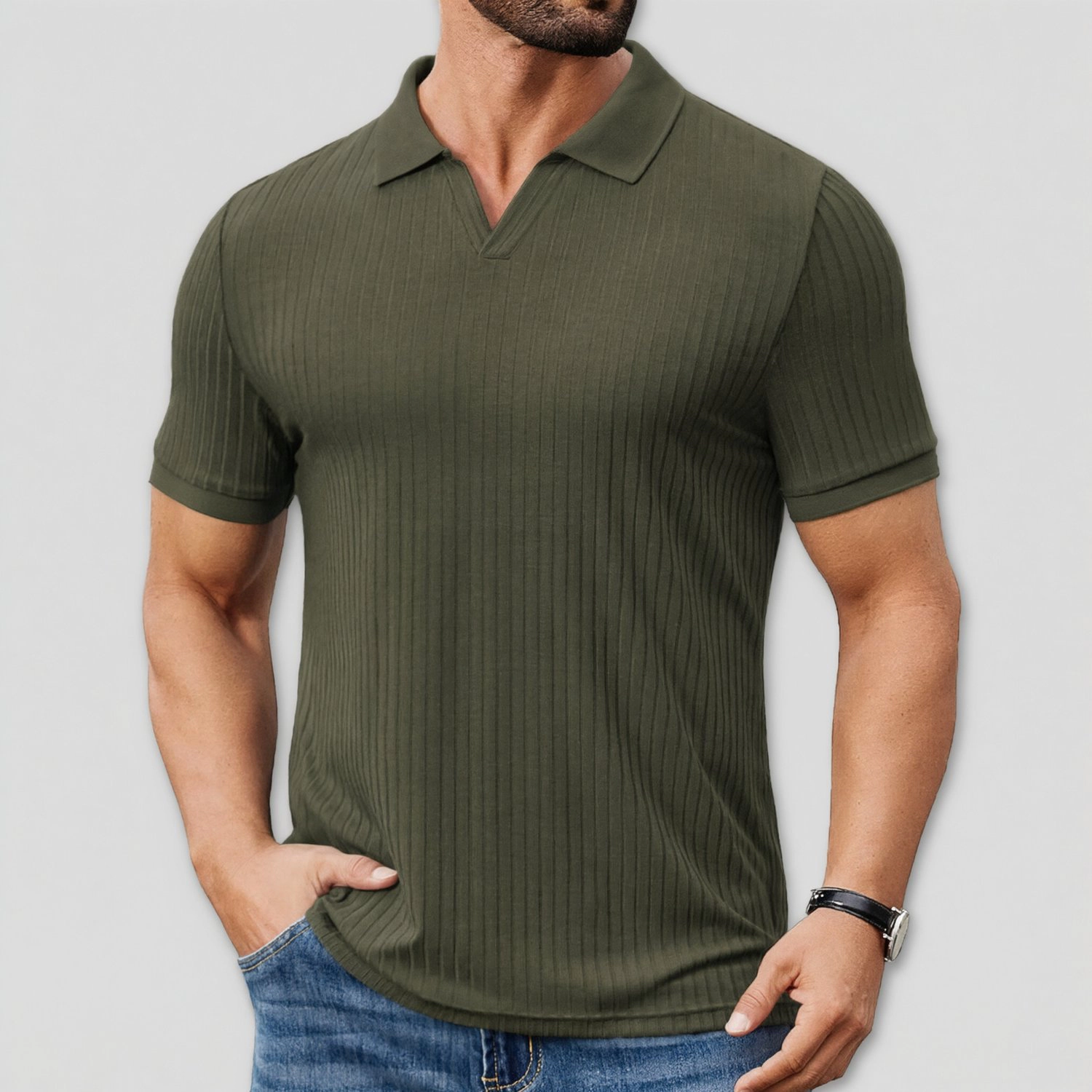 COOFANDY Mens Ribbed Polo Shirt V Neck Collared Short Sleeve Casual  Tops