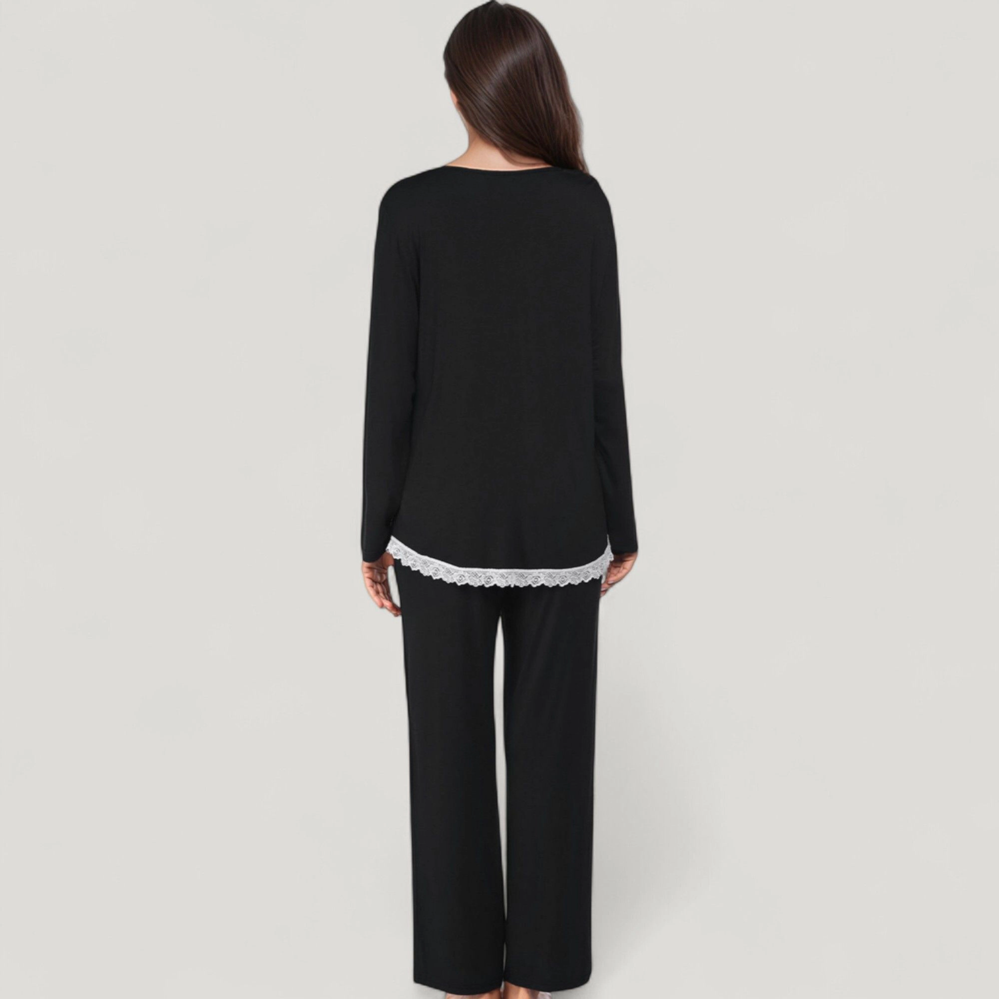 Anna-Kaci Women's Lace Trim Button Down Long Sleeve Top and Lounge Pants 2-Piece Pajama Set