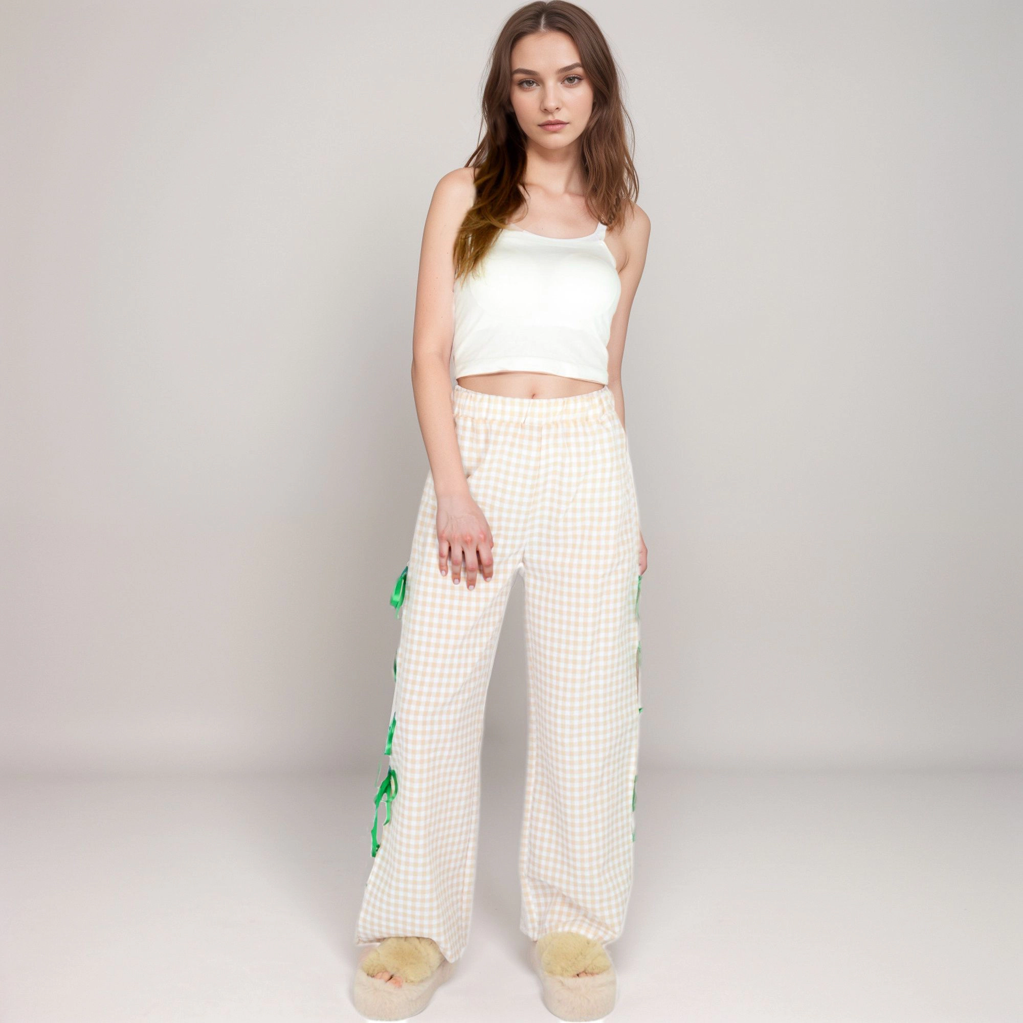 Anna-Kaci Women's Gingham Wide Leg Pants with Elastic Waistband Contrast Side Ribbon Tie Details Design