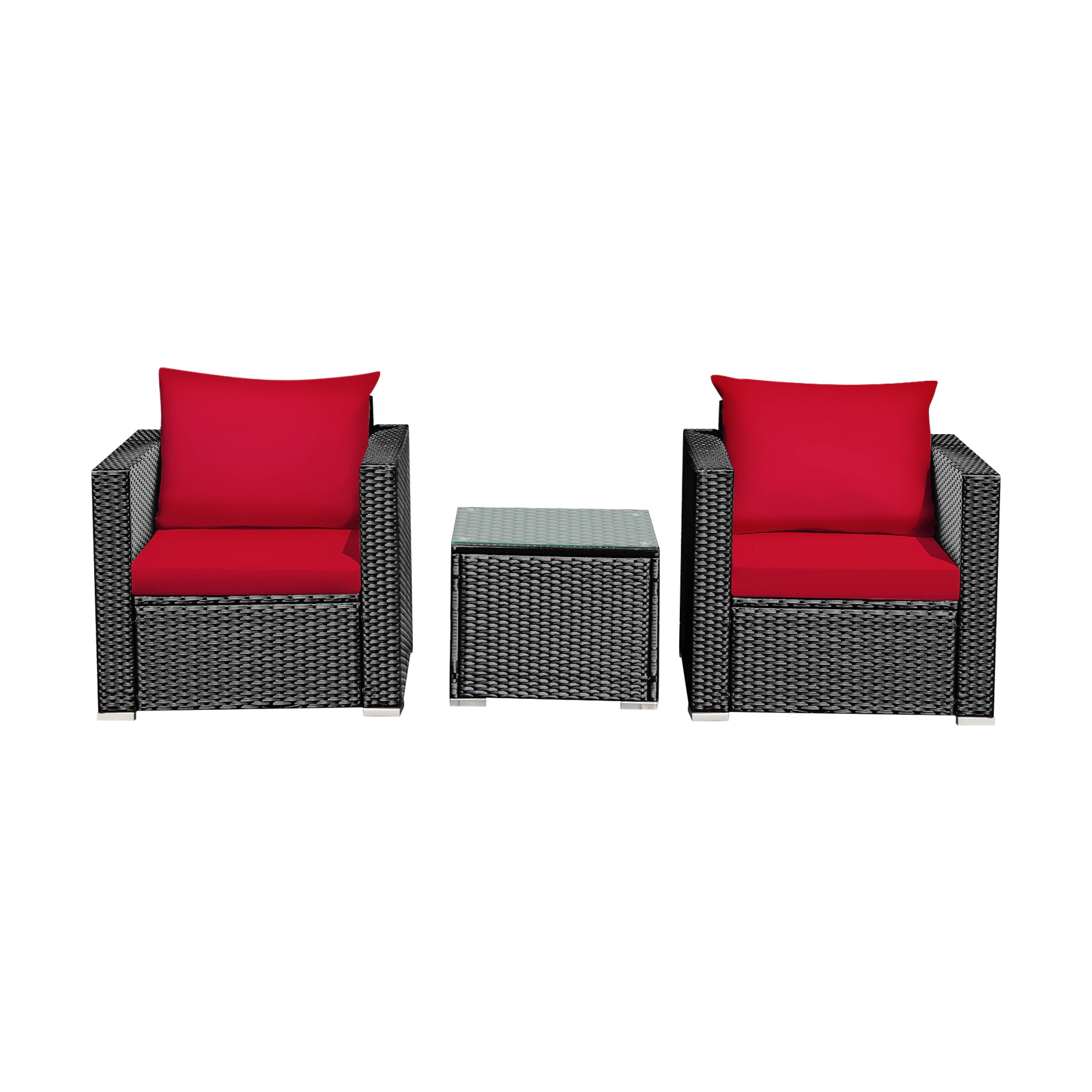 SUGIFT 3-Piece Steel Rattan Patio Conversation Furniture Set Cushions 400-lb Sofa Capacity Brown Rattan Red Cushions