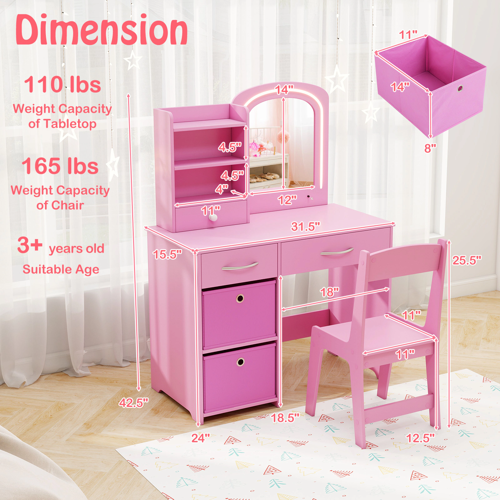 SUGIFT Pink Kids Vanity Set with Lighted Mirror, Chair, Drawers and Shelves