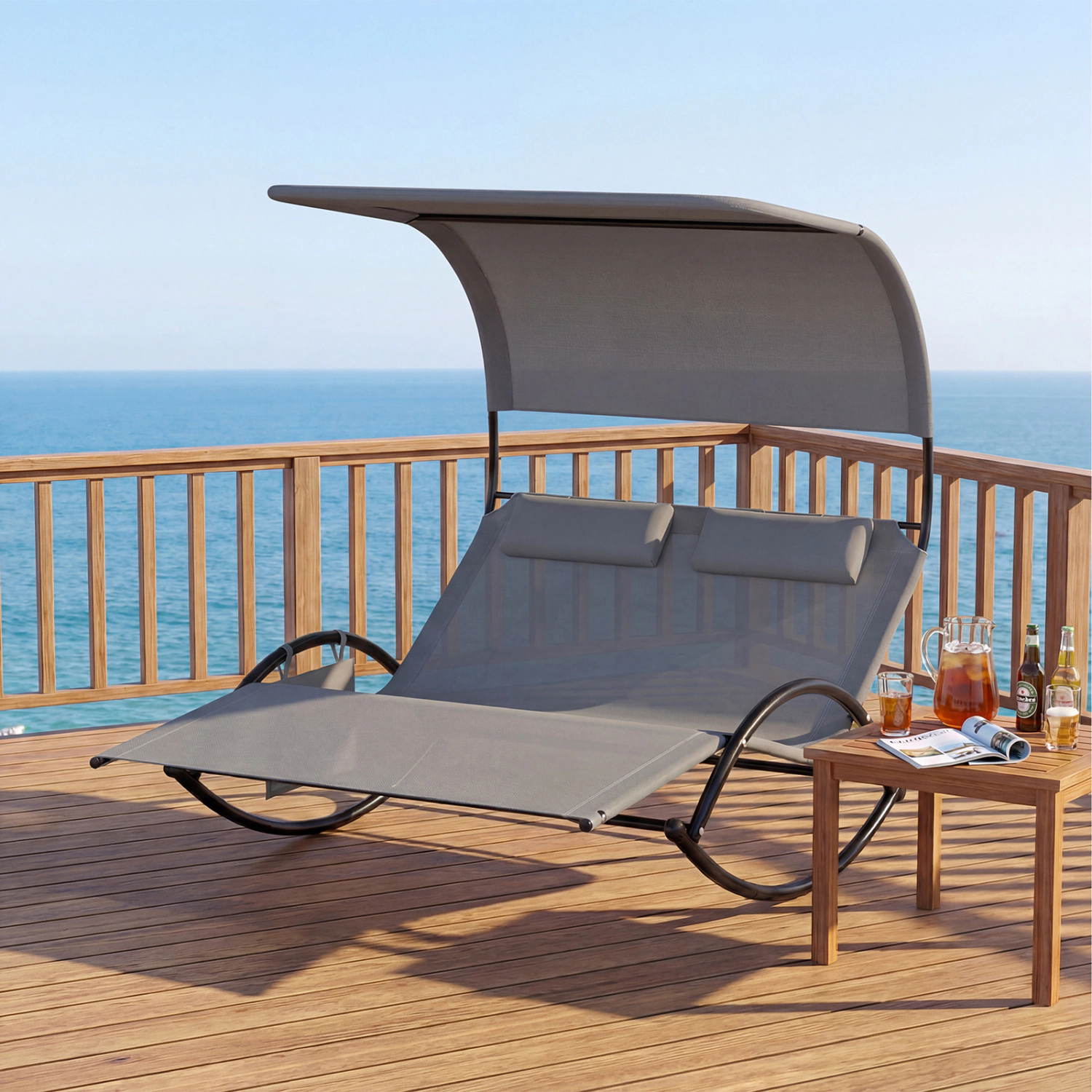 LJG Outdoor Dual Rocker Sunbed 2-Person Canopied Patio Lounger with Detachable Headrests