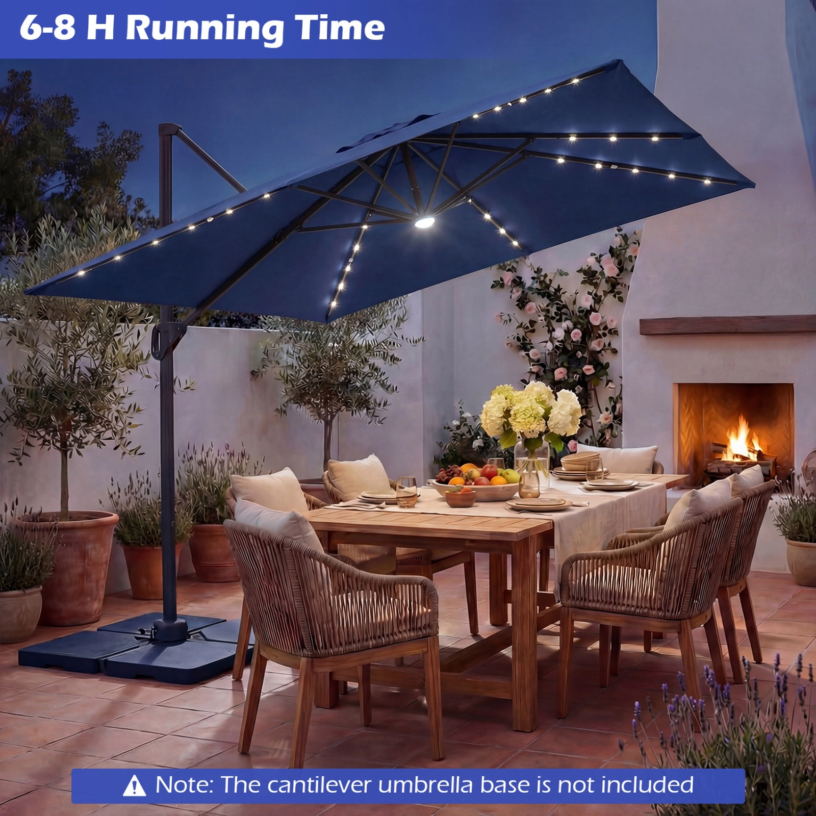 SUGIFT 10-ft Cantilever Patio Umbrella with Solar LED Lights and 2-Tier Vented Canopy for Pool and Garden Navy Blue