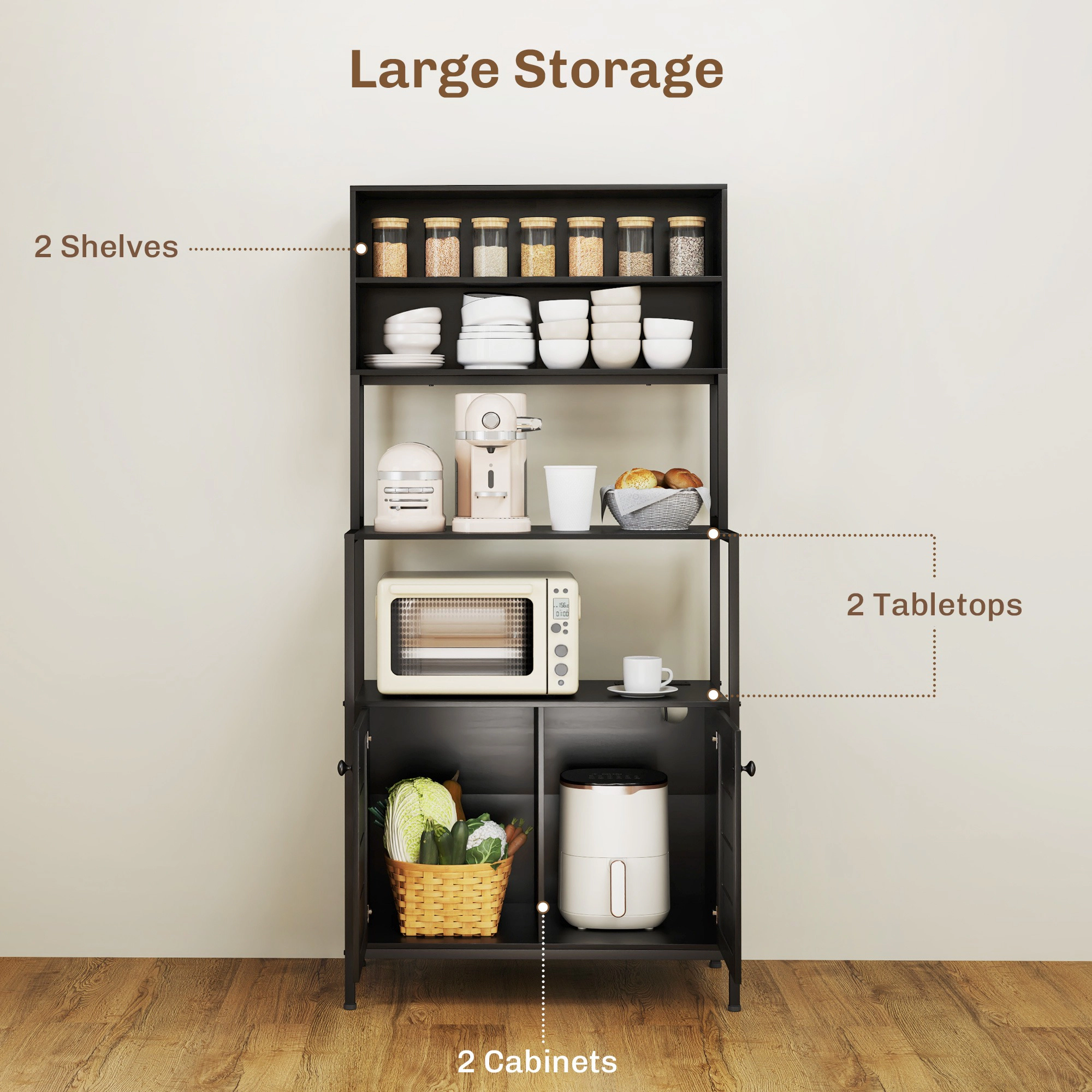 HONGGE Black Kitchen Baker's Rack with Power Outlet, Storage Shelves and Louvered Microwave Stand Cabinet