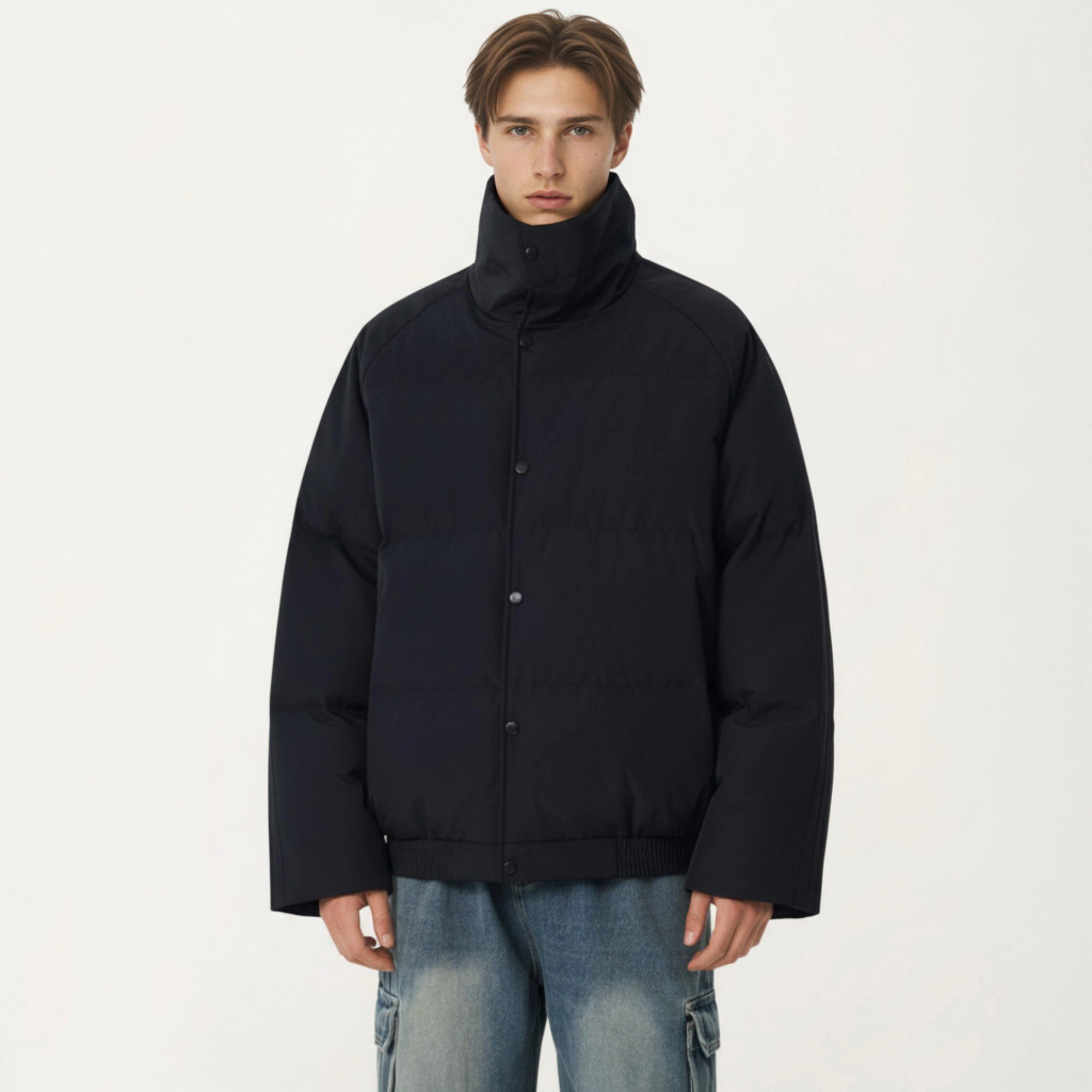 Anna-Kaci Men's Quilted Puffer Jacket with Stand Collar Snap Front and Ribbed Hem