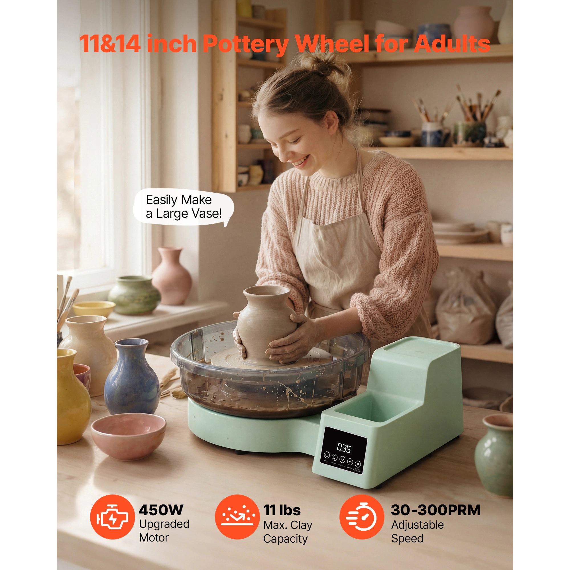 HONGGE Pottery Wheel for Adults 14" and 11" Turntables 450W Electric Table Top with Foot Pedal 30-300 RPM