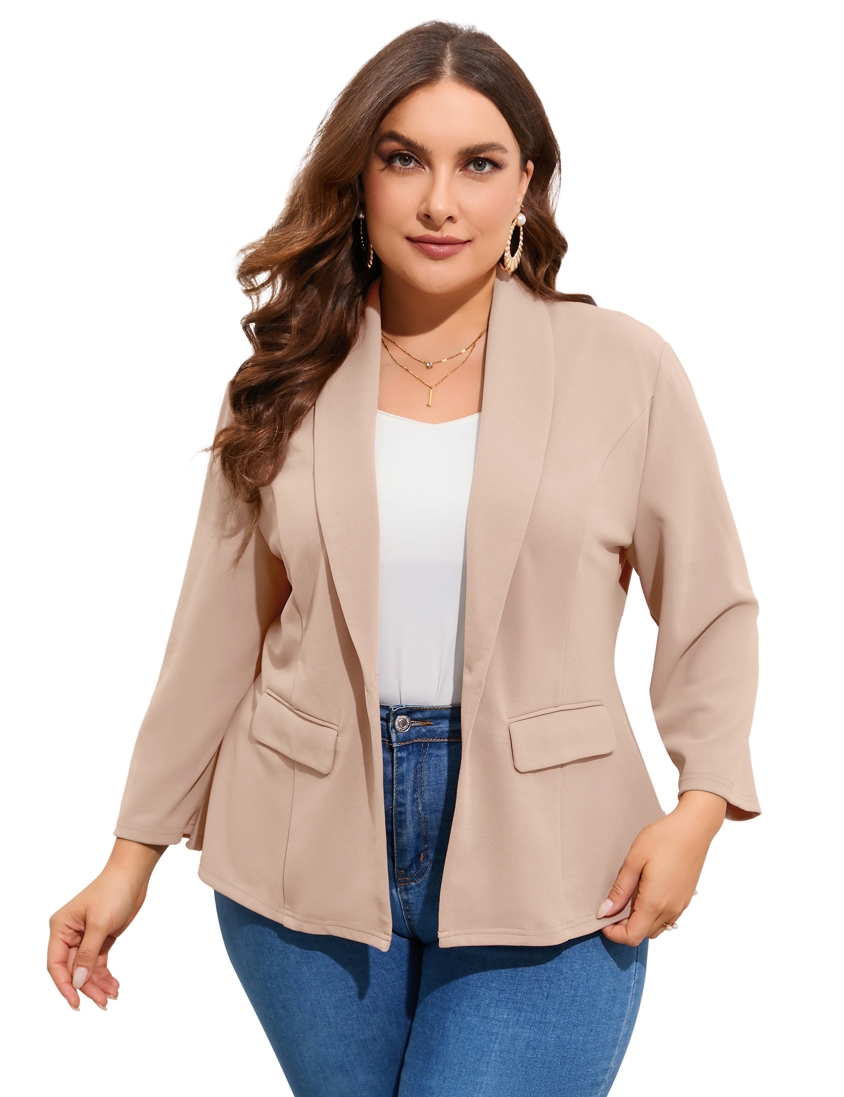 KOJOOIN Women's Plus Blazer Single Button 3/4 Sleeves Open Front Jacket Coat with Pockets