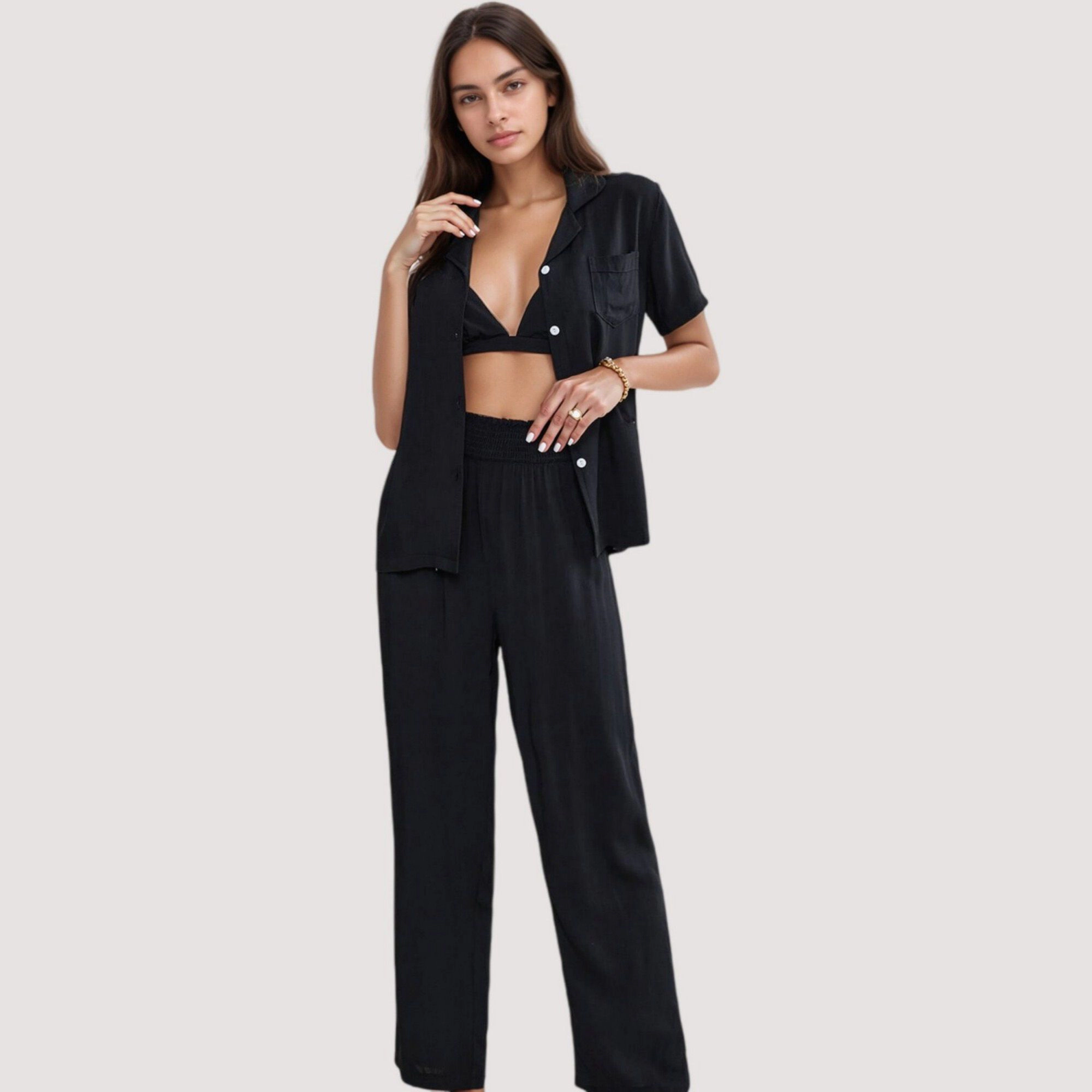 Anna-Kaci Women's 3-Piece Pajama Set with Bralette Top Button Down Shirt and Wide Leg Pants