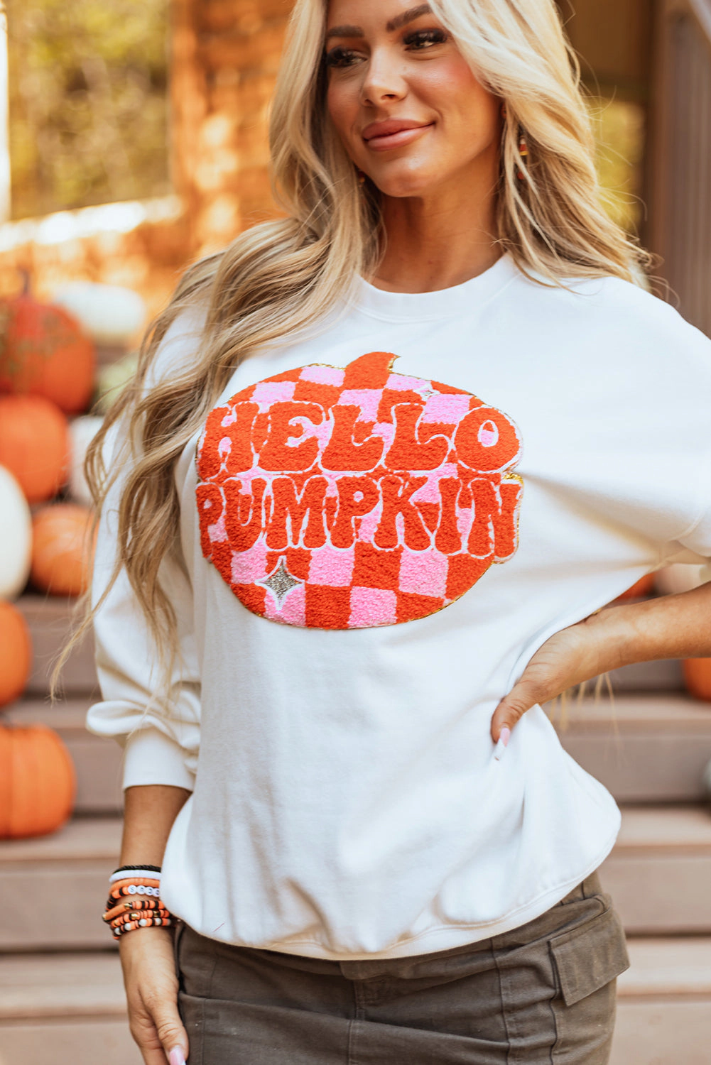 Threaded Pear Women's Blair Halloween Pumpkin Patched Pullover Sweatshirt