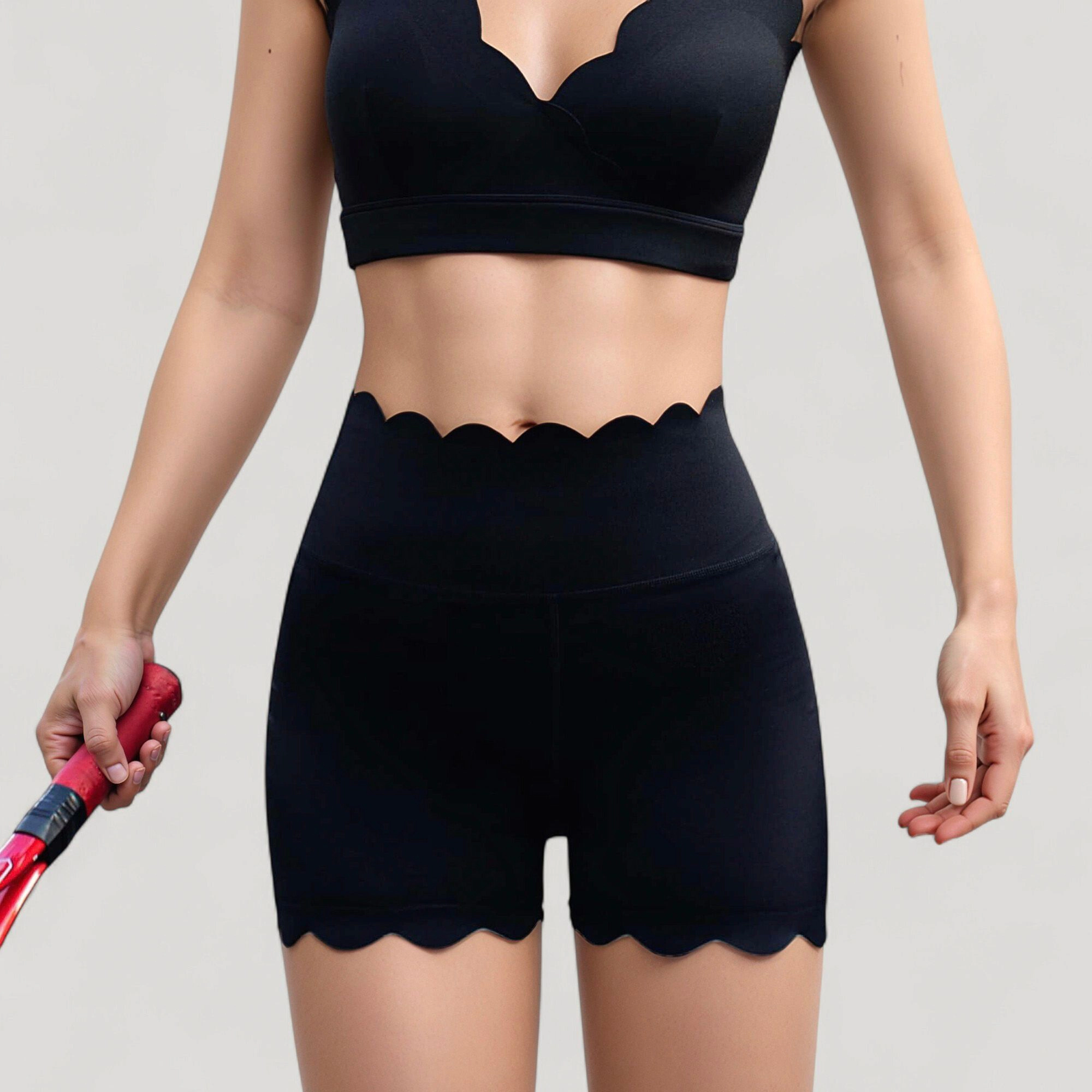 Anna-Kaci Women's Scalloped High Waist Athletic Shorts with Soft Stretch Fabric and Seamless Waistband