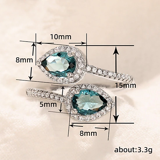 Wardrobe Whimsy Womens Pear Cut Teal Cubic Zirconia Bypass Halo Ring Silver Tone Two Stone Statement Ring