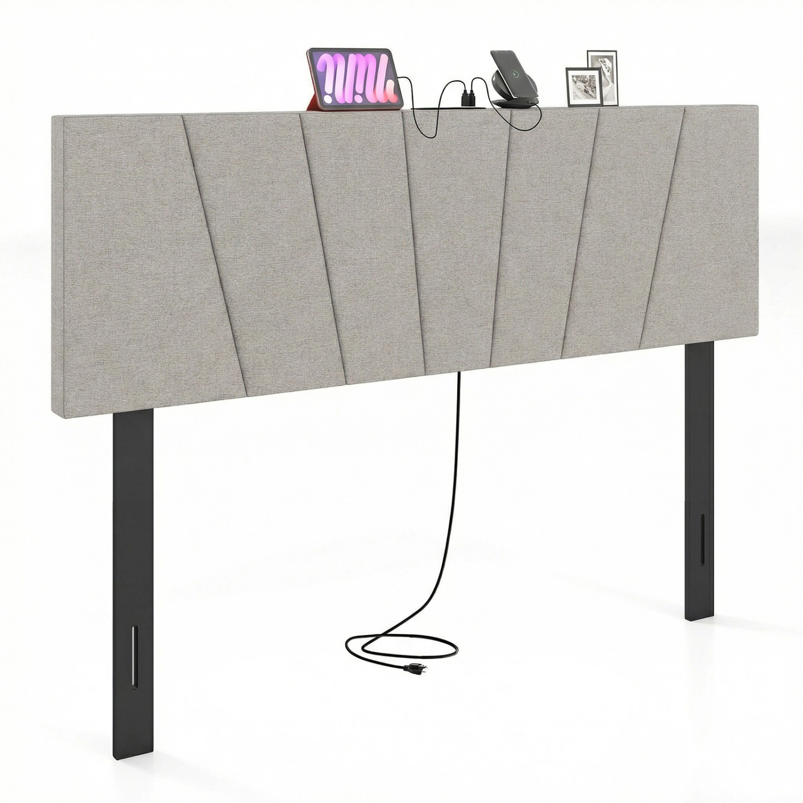 SUGIFT Geometric Upholstered Headboard Gray for Queen and Full Bed with USB Ports