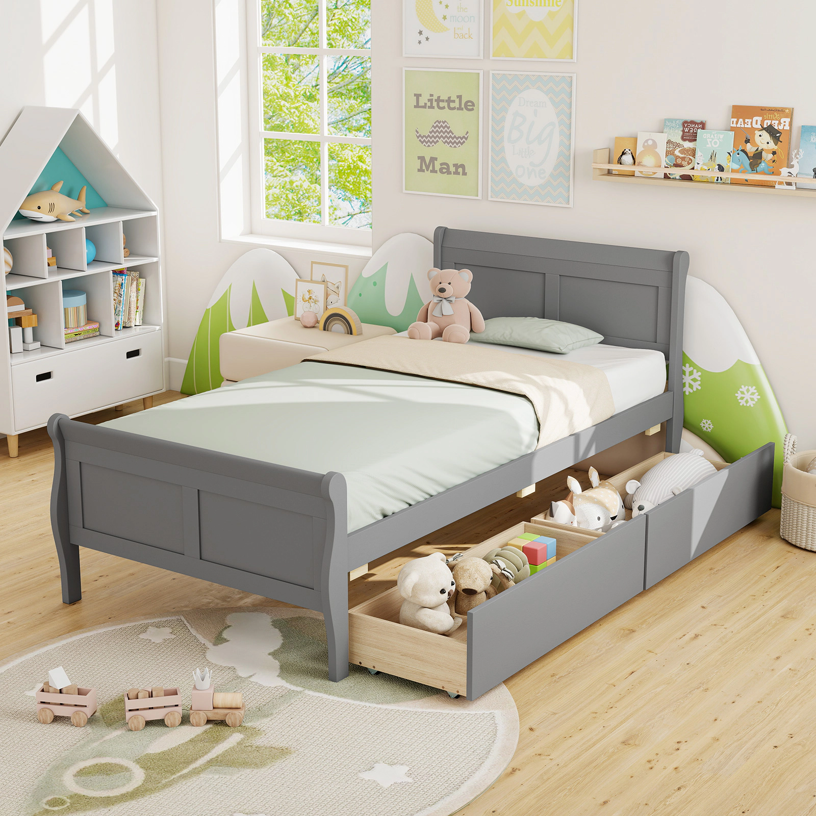 LJG Twin Size Sleigh Bed with 2 Storage Drawers Wood Platform Bed Frame