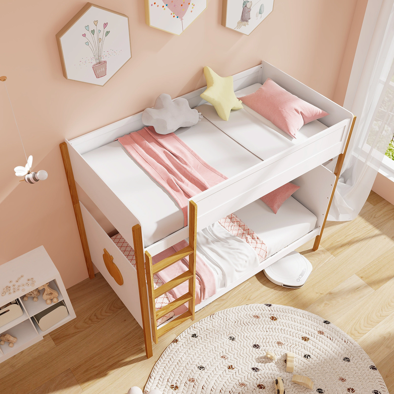 Twin Over Twin Bunk Bed for Kids with Built-In Ladder and 10.5-in Safety Guardrails 400-lb Capacity White and Honey