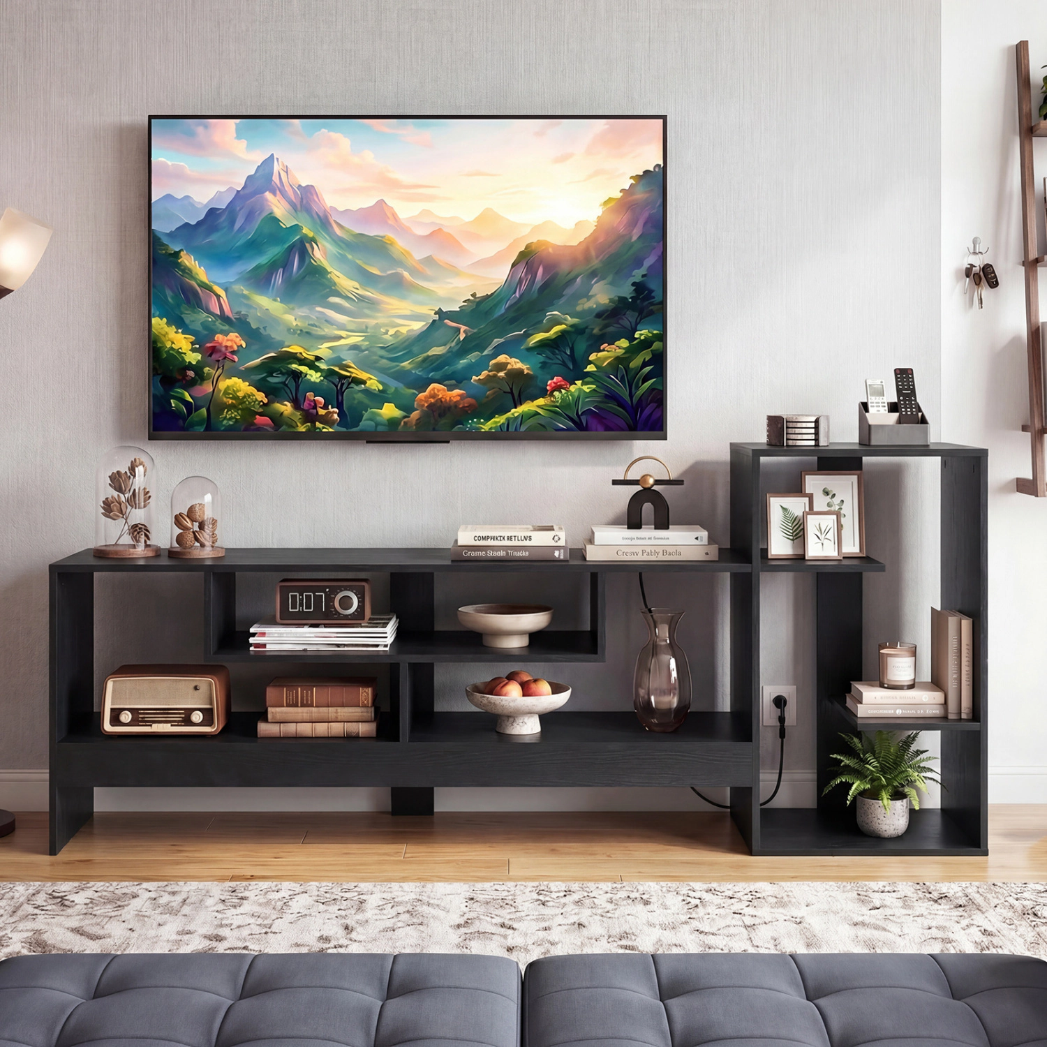 LJG Cube TV Stand for 55 Inch with Power Outlets and Open Storage Shelves