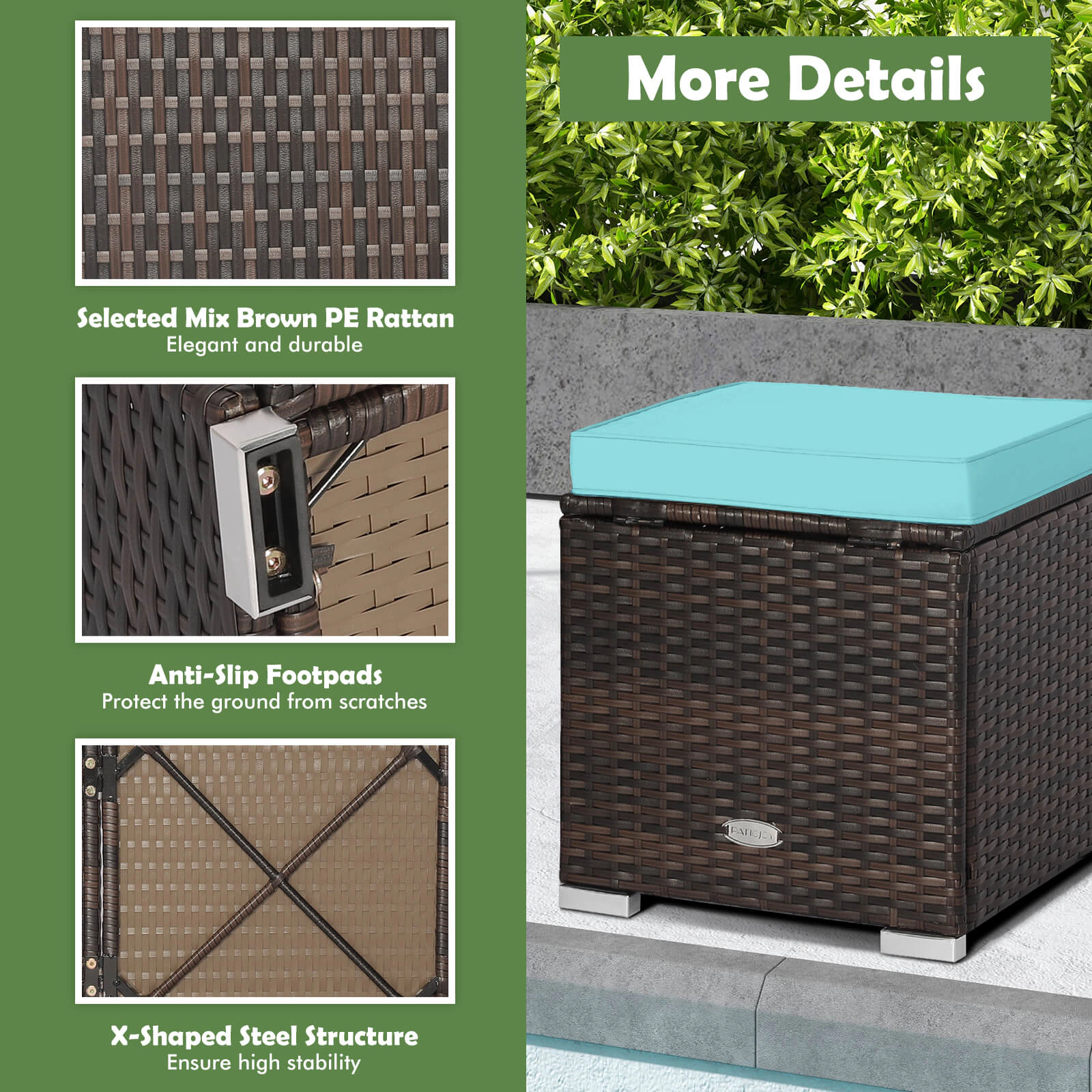 SUGIFT 2-Piece Patio Storage Ottoman Set with Removable Cushions 350-lb Top Capacity Mix Brown Rattan Turquoise