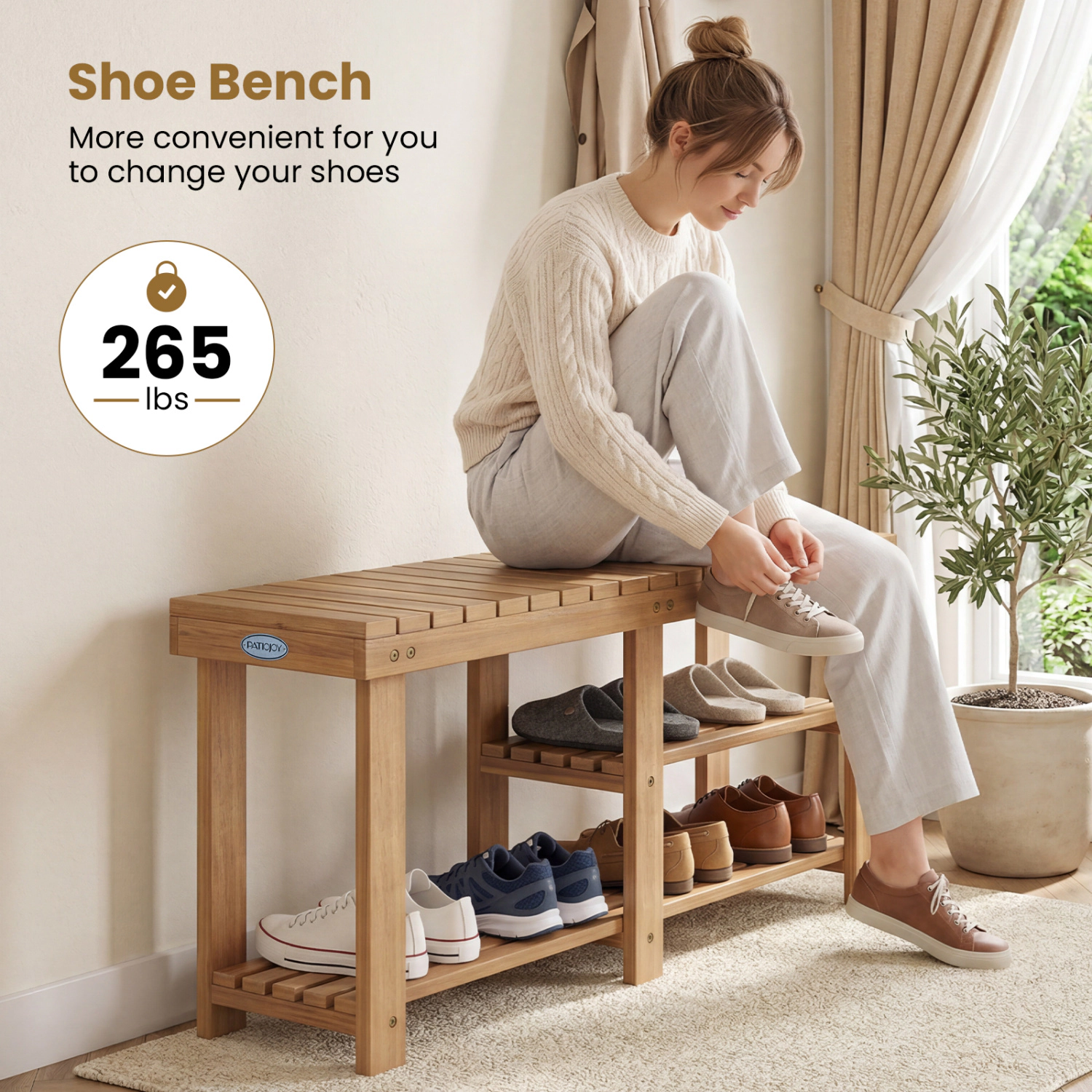 SlickBlue Solid Wood Entryway Shoe Bench with Storage Shelf Design