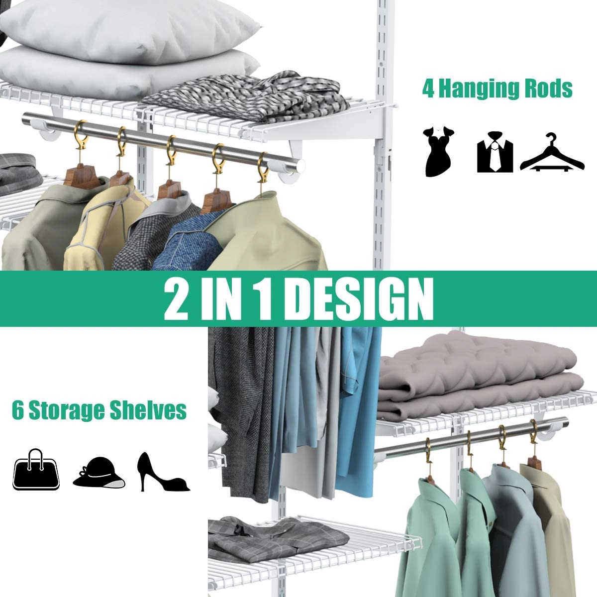 SUGIFT Adjustable Wall Mounted Steel Closet Rack System Shelves Hanging Rods Hang Tracks Joiners 28.5-lb White