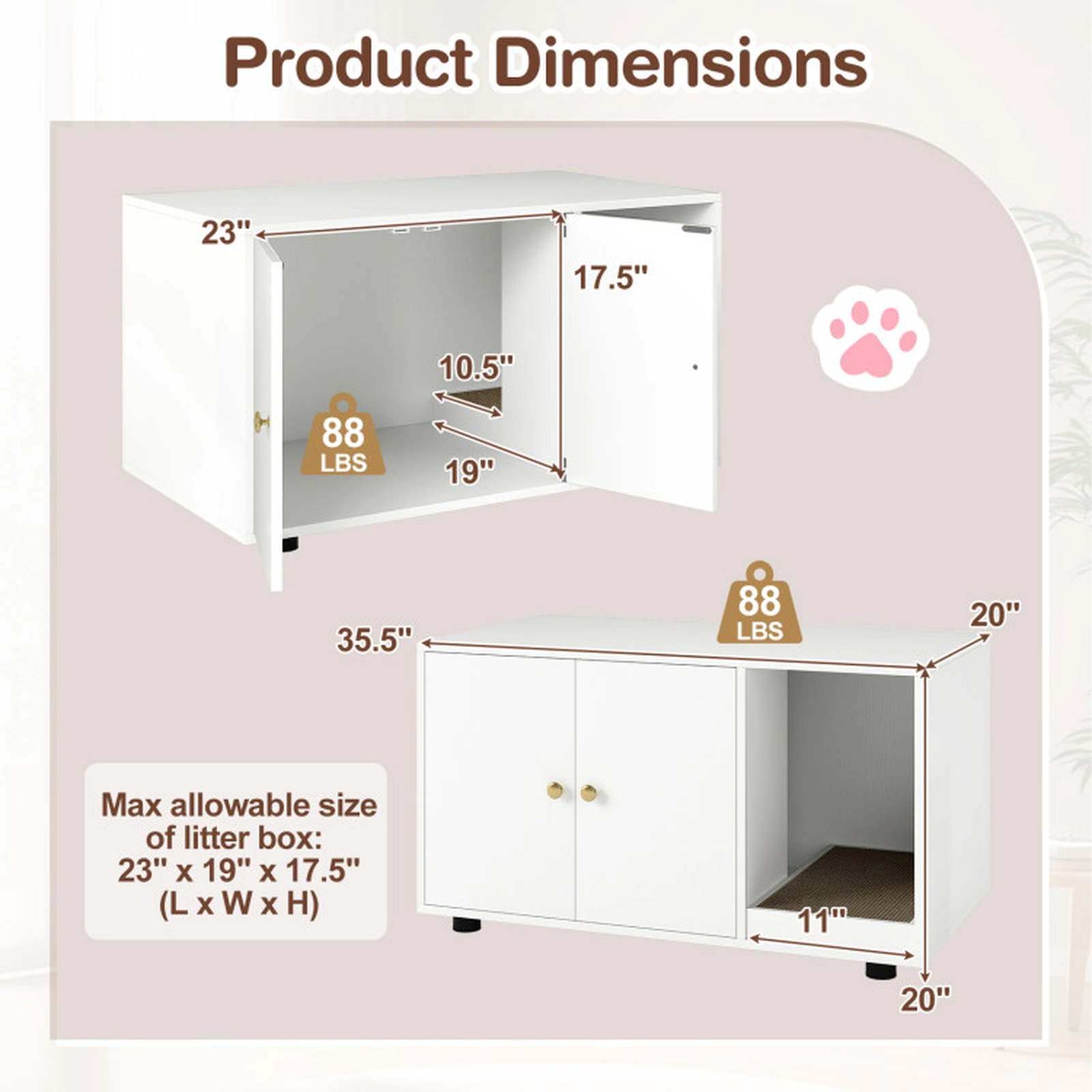 SUGIFT 35.5 x 20-in 88-lb Capacity White Wooden Hidden Litter Box Enclosure Furniture with Removable Scratching Board