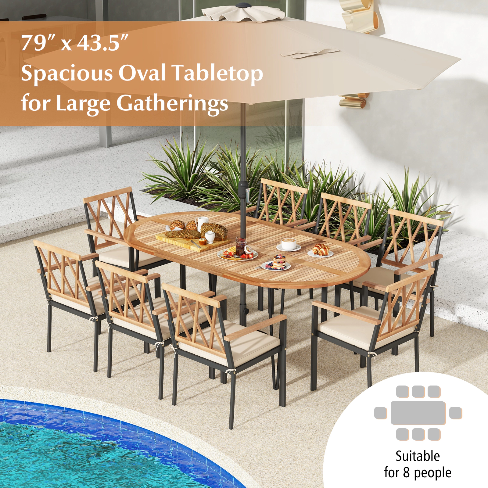 SUGIFT 79-in Oval Acacia Wood Patio Dining Table with Umbrella Hole 330-lb Capacity for 8 People Natural & Black