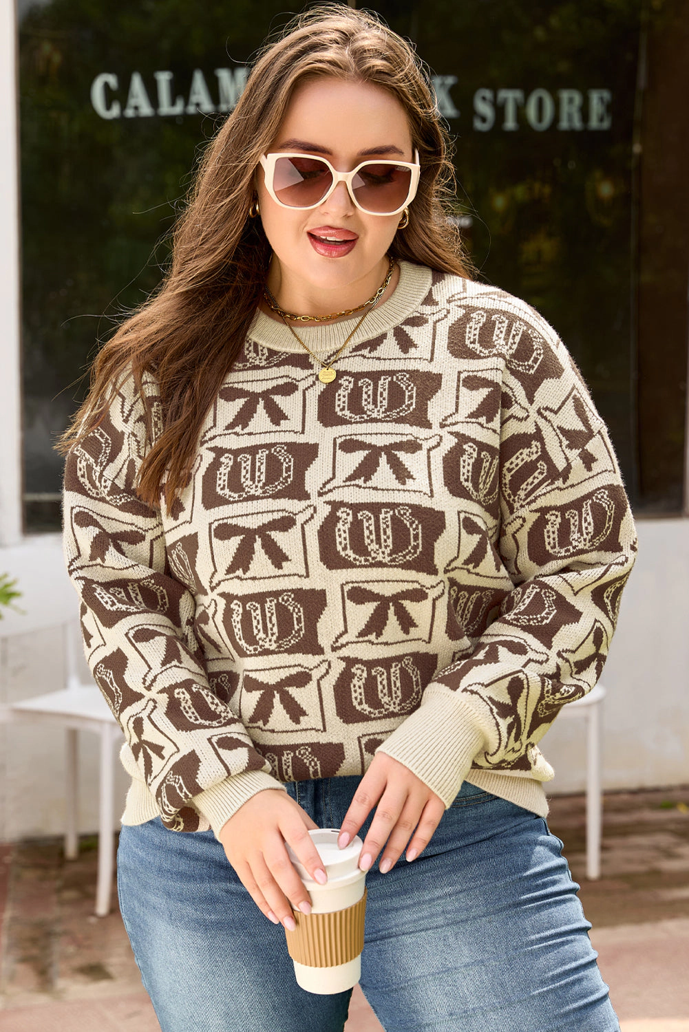 Threaded Pear Women's Magnolia Horseshoe Print Checkered PLUS Sweater