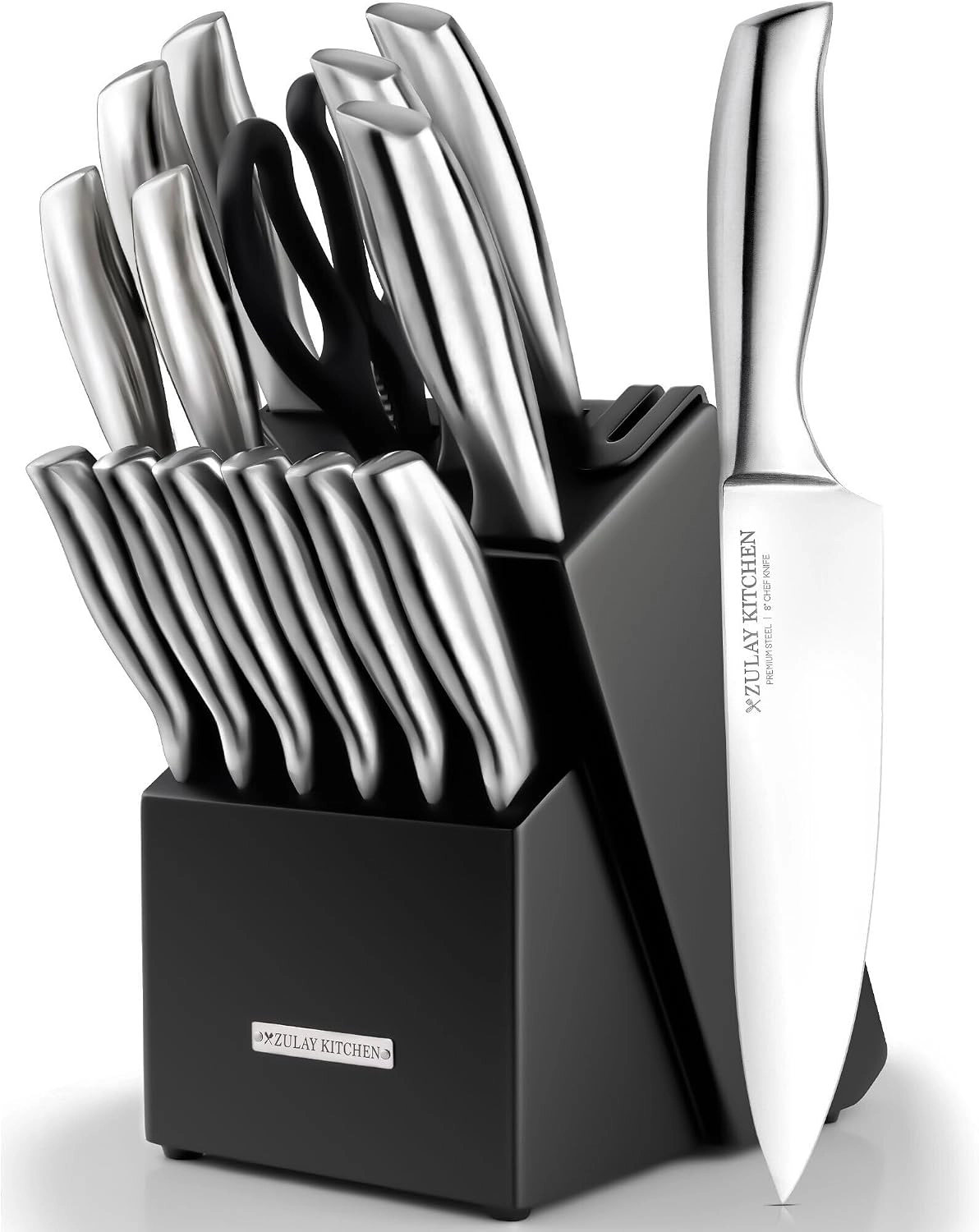 Zulay Kitchen 15 Piece Stainless Steel Knife Set with Block and Sharpener