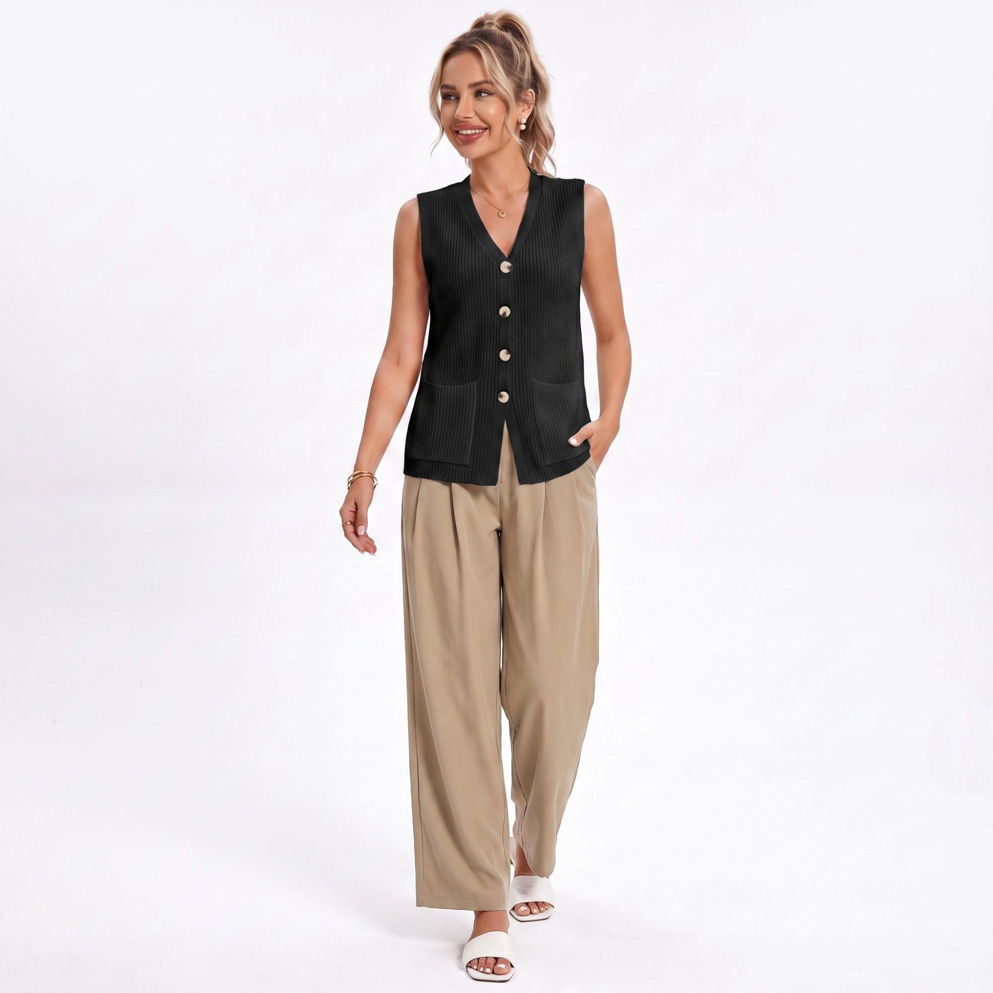 Anna-Kaci Women's Button Front Sweater Vest V Neck Sleeveless Knit Pocket Top