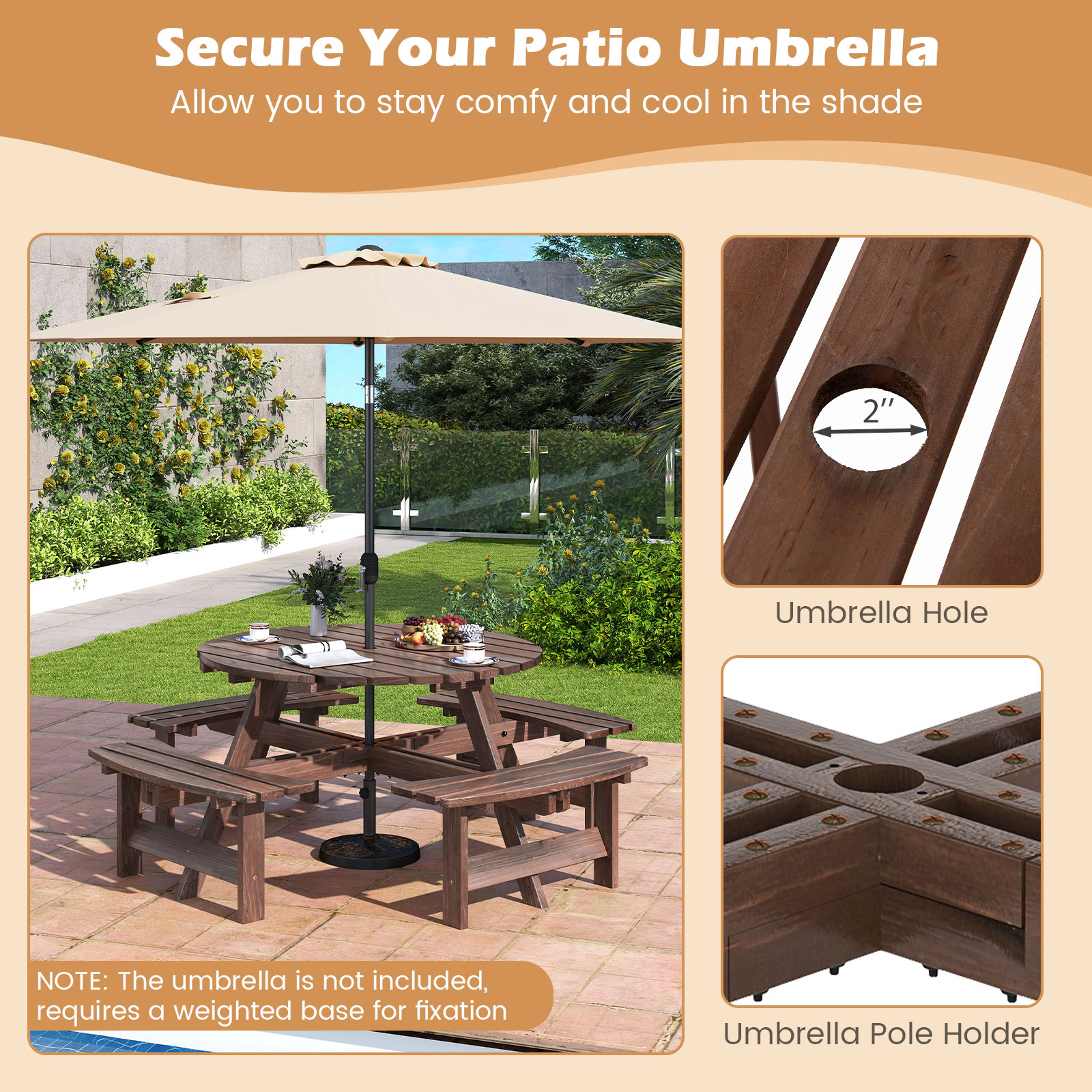 SUGIFT Brown Fir Wood Benches for Patio and Camping 8-Person Round Picnic Table Set