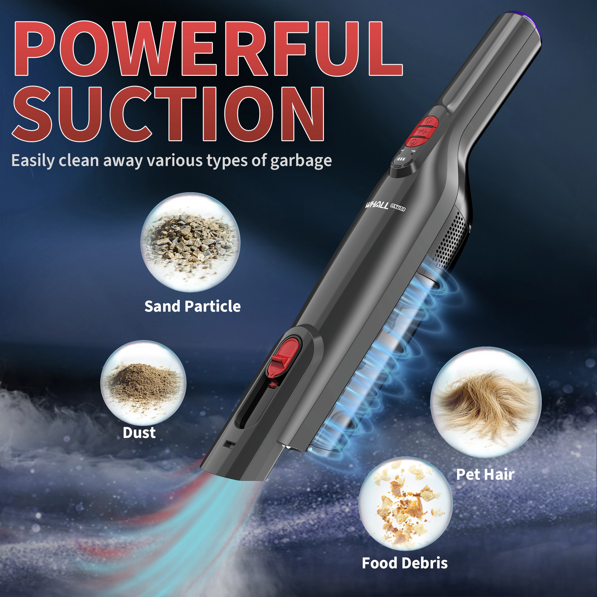 WHALL Cordless Handheld Vacuum with Strong Suction, LED Light, Multi-Accessories, Fast Charging for Home, Car, Pet Hair