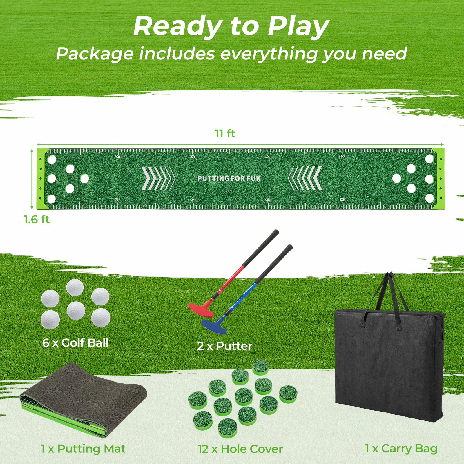 11-ft Putting Green Mat Set 2 Adjustable Putters 6 Balls Ball Holders Carry Bag Kids and Adults Mini Golf