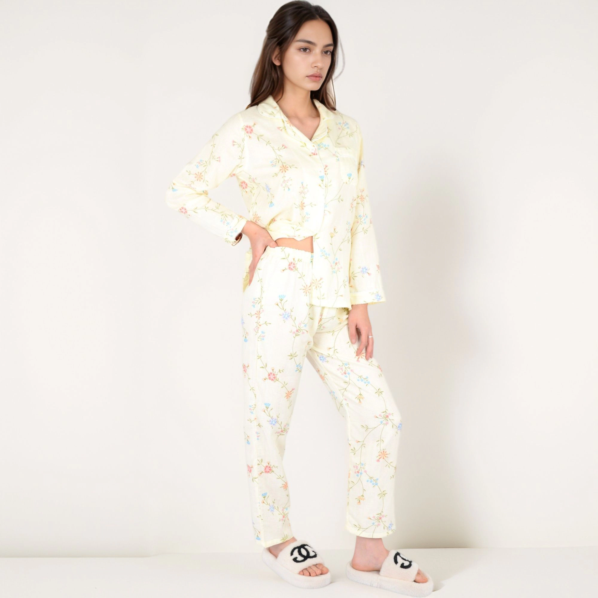 Anna-Kaci Women's Yellow Floral Print Long Sleeve Pajama Set Button Up Top Single Chest Pocket and Relaxed Fit Pants
