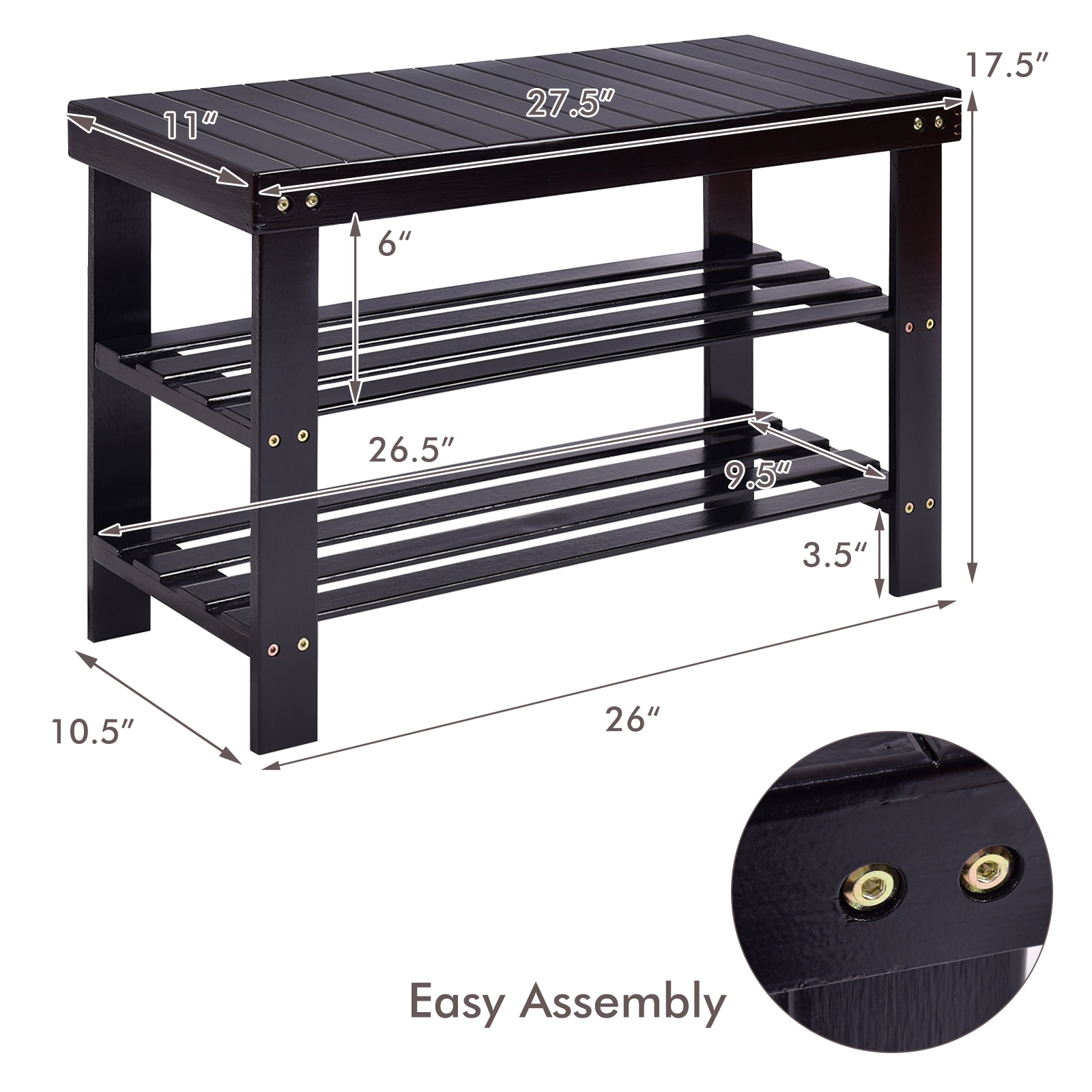 SUGIFT 3-Tier Black 27.5-in 220-lb Capacity Bamboo Shoe Rack Bench with Storage Shelf for Entryway