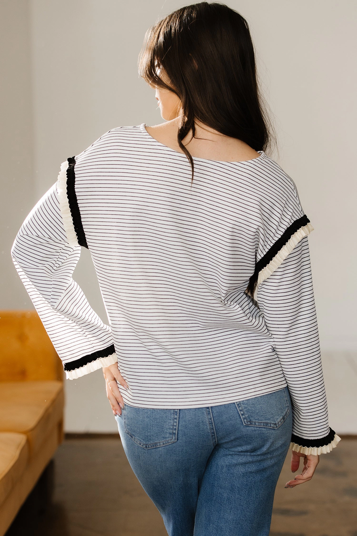 Threaded Pear Women's Anya Ruffle Trim Loose Long Sleeve Top
