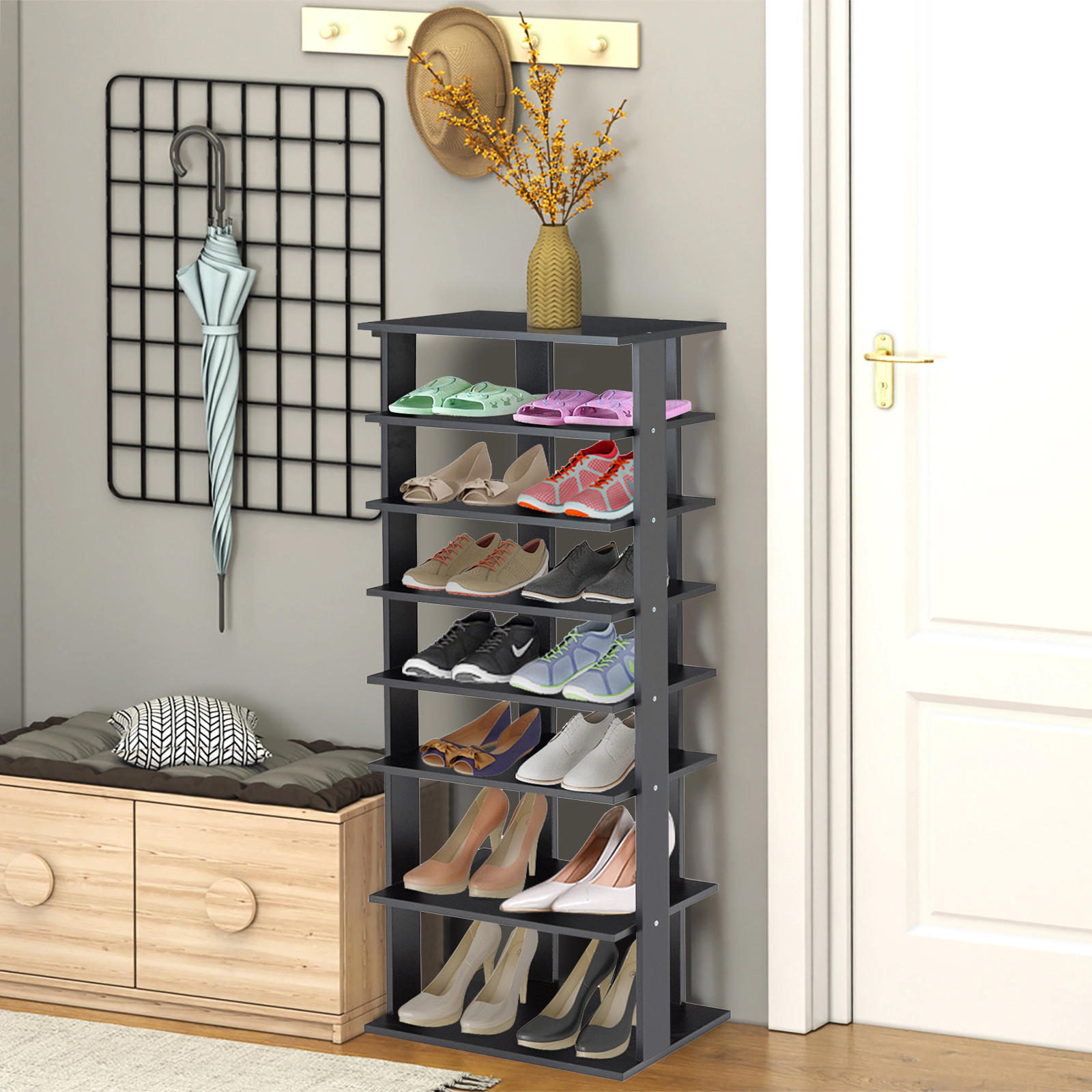 SUGIFT 7-Tier Black Double Row Free Standing Tall Narrow Shoe Rack Organizer for Closet and Entryway