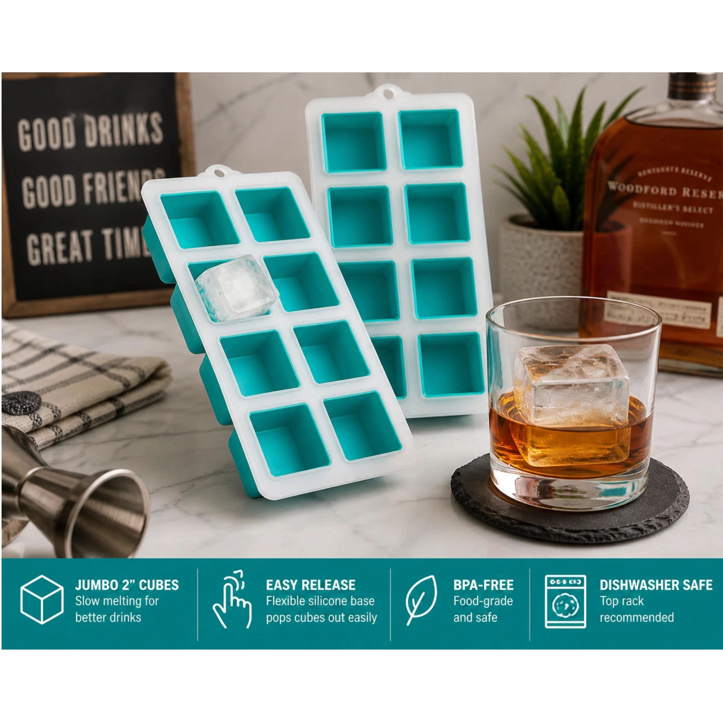 Home Collection Jumbo Ice Cube Trays 2 Inch Large Ice Cube Molds BPA-Free Pack of 2