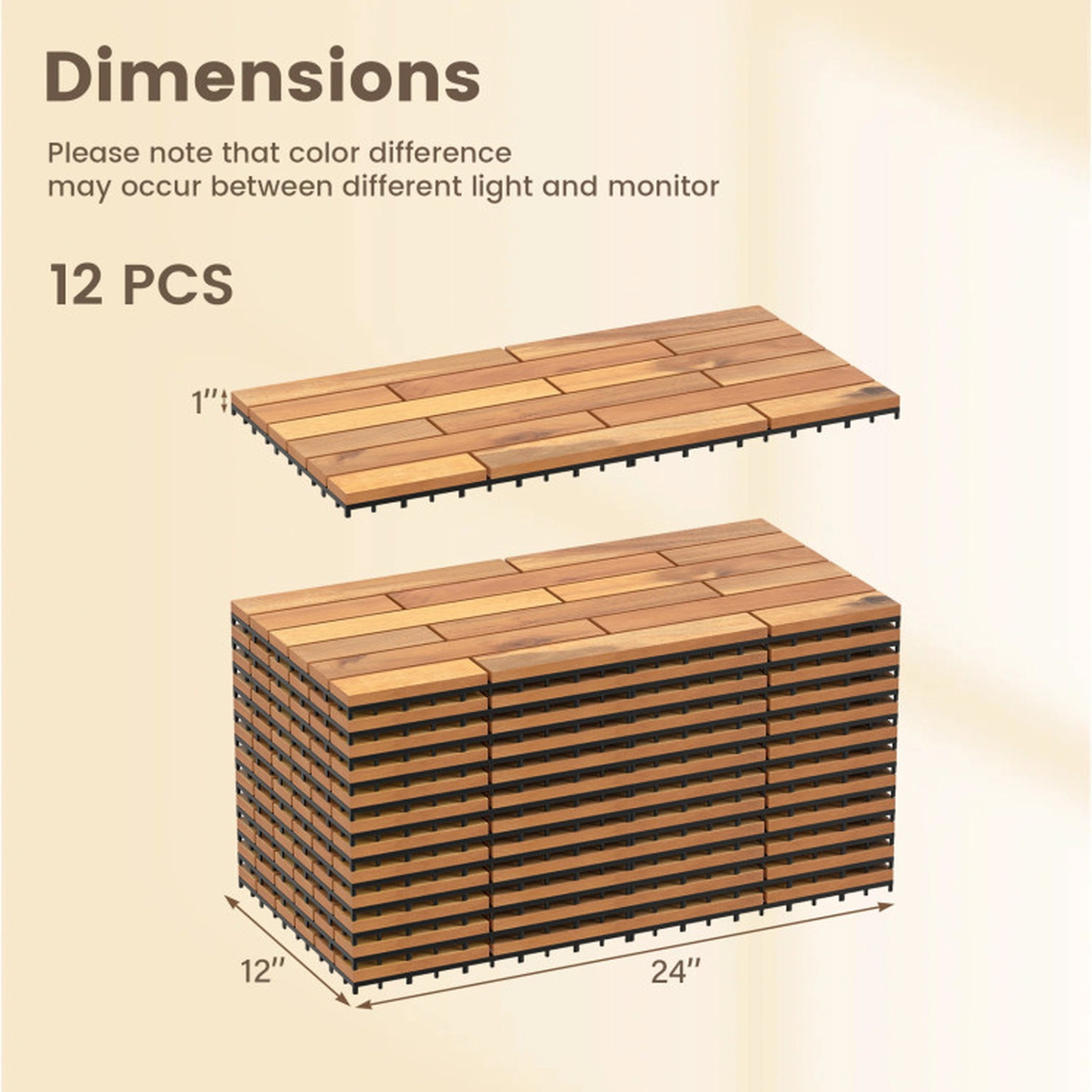 SUGIFT Natural 48-Piece Acacia Wood Deck Tiles with Textured Grain Surface 24-in W 12-in D 500-lb Tile Capacity