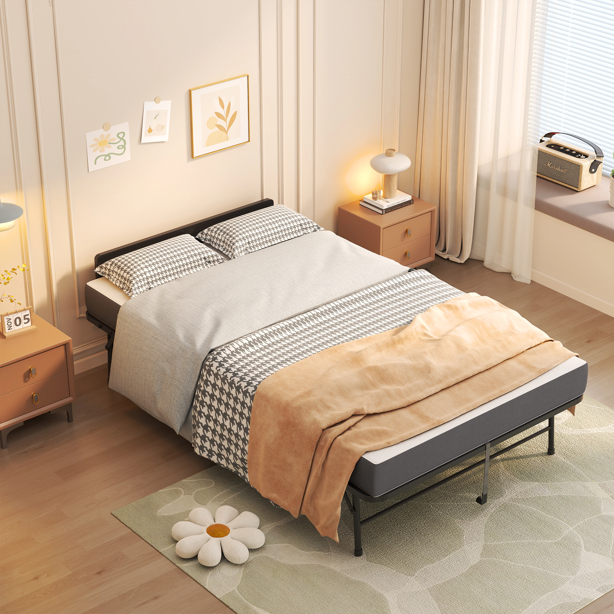 Flynama 75"x46" Folding Bed with Adjustable Headboard, 5" Memory Foam, Rollaway on Wheels
