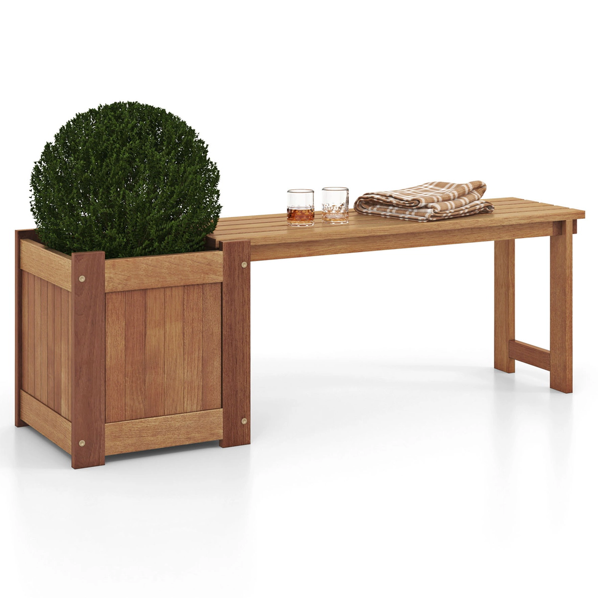 SUGIFT 54-In Solid Wood Planter Bench, 220-Lb Capacity, Natural Teak Finish