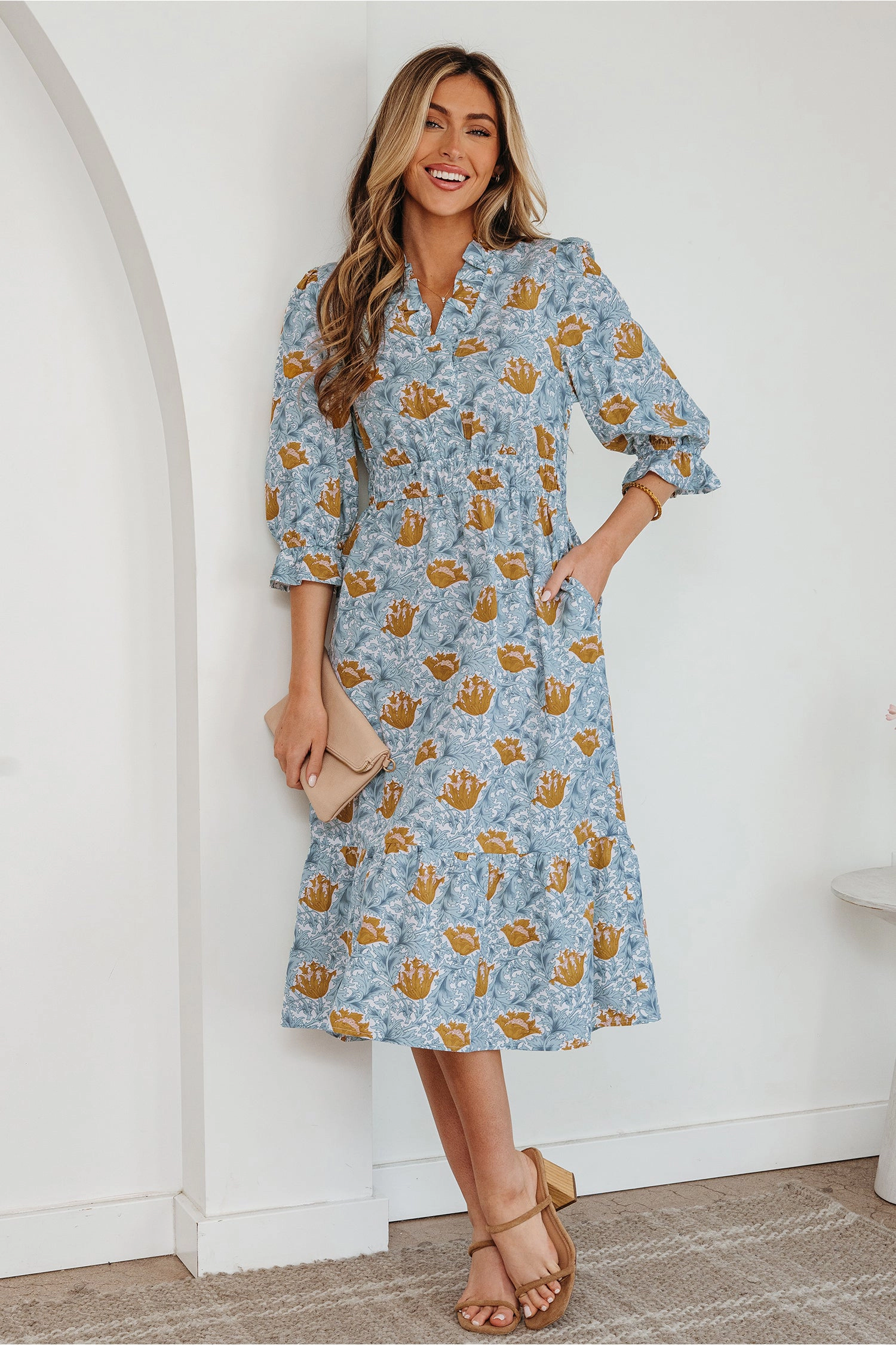 Threaded Pear Womens Rosalee Floral Frilled V-Neck Long Dress - Bracelet Sleeve, Elastic Waist