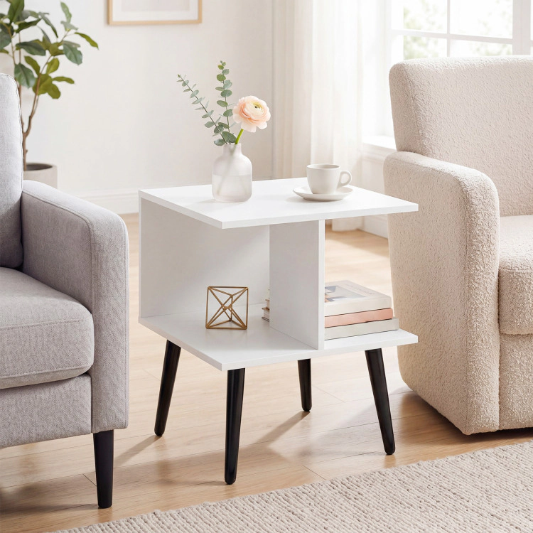 Hivvago 2-Tier Mid Century Modern End Table With 2 Compartments And Metal Legs